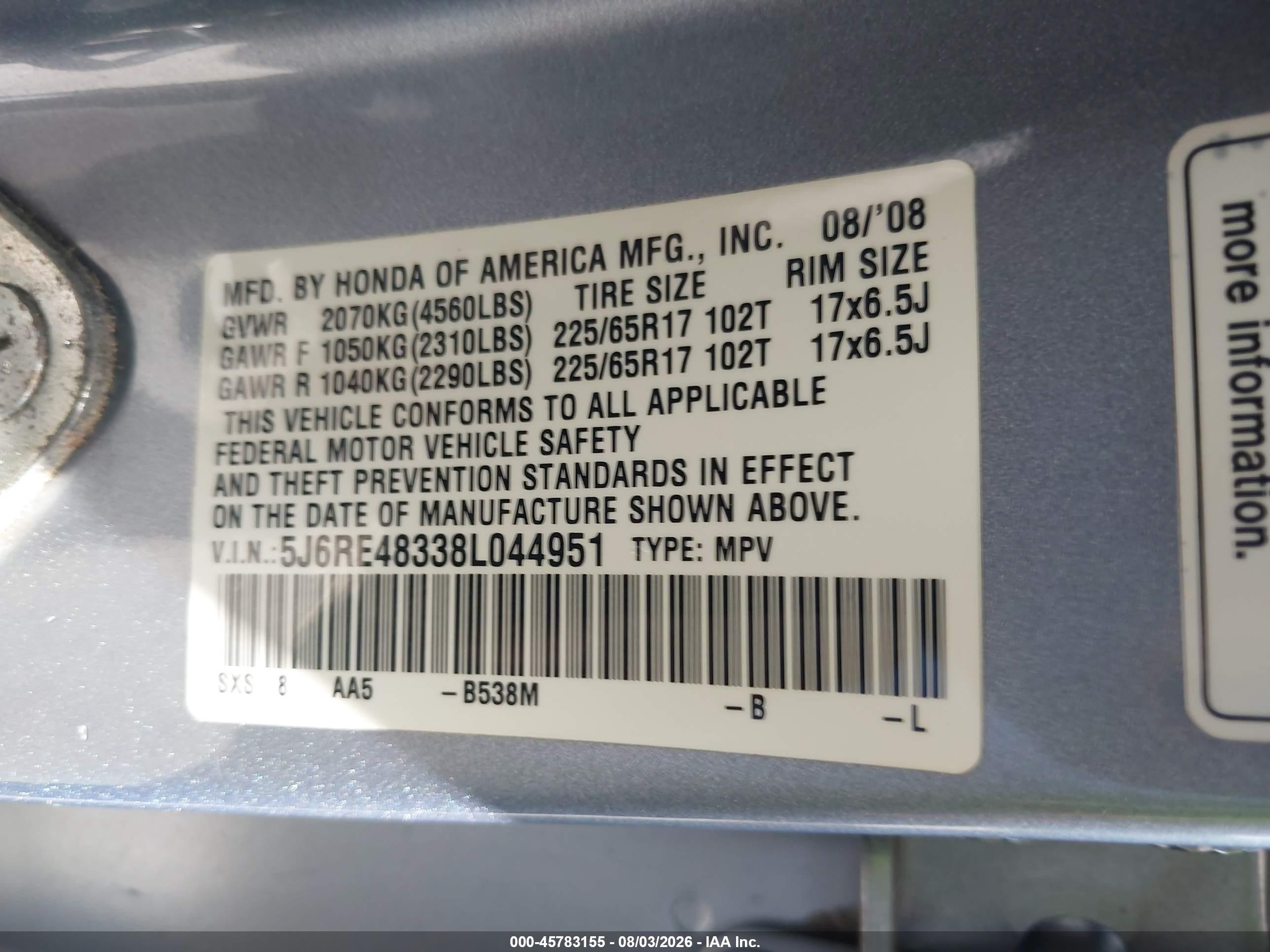 2008 Honda Cr-v Lx Blue vin: 5J6RE48338L044951