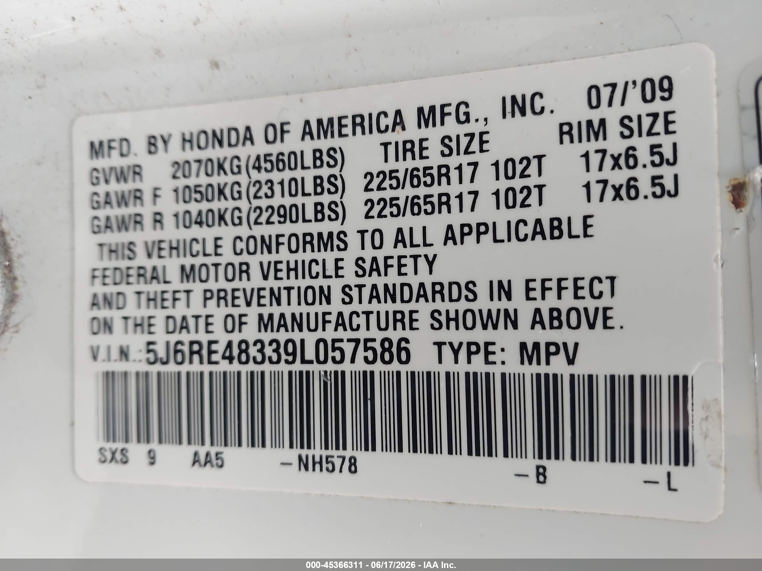 2009 Honda Cr-v Lx White vin: 5J6RE48339L057586