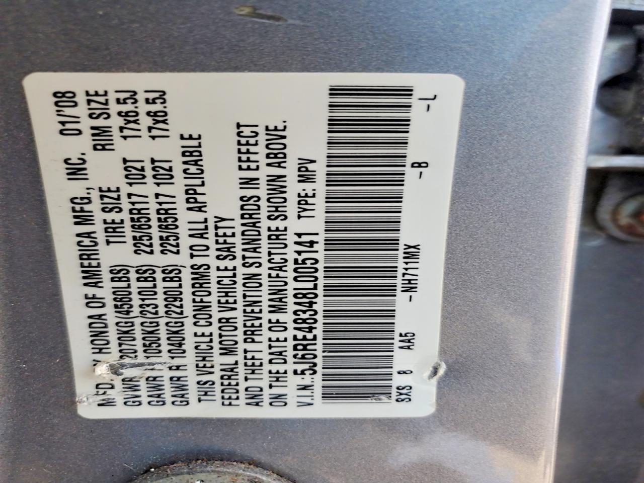 2008 Honda Cr-v Lx Silver vin: 5J6RE48348L005141