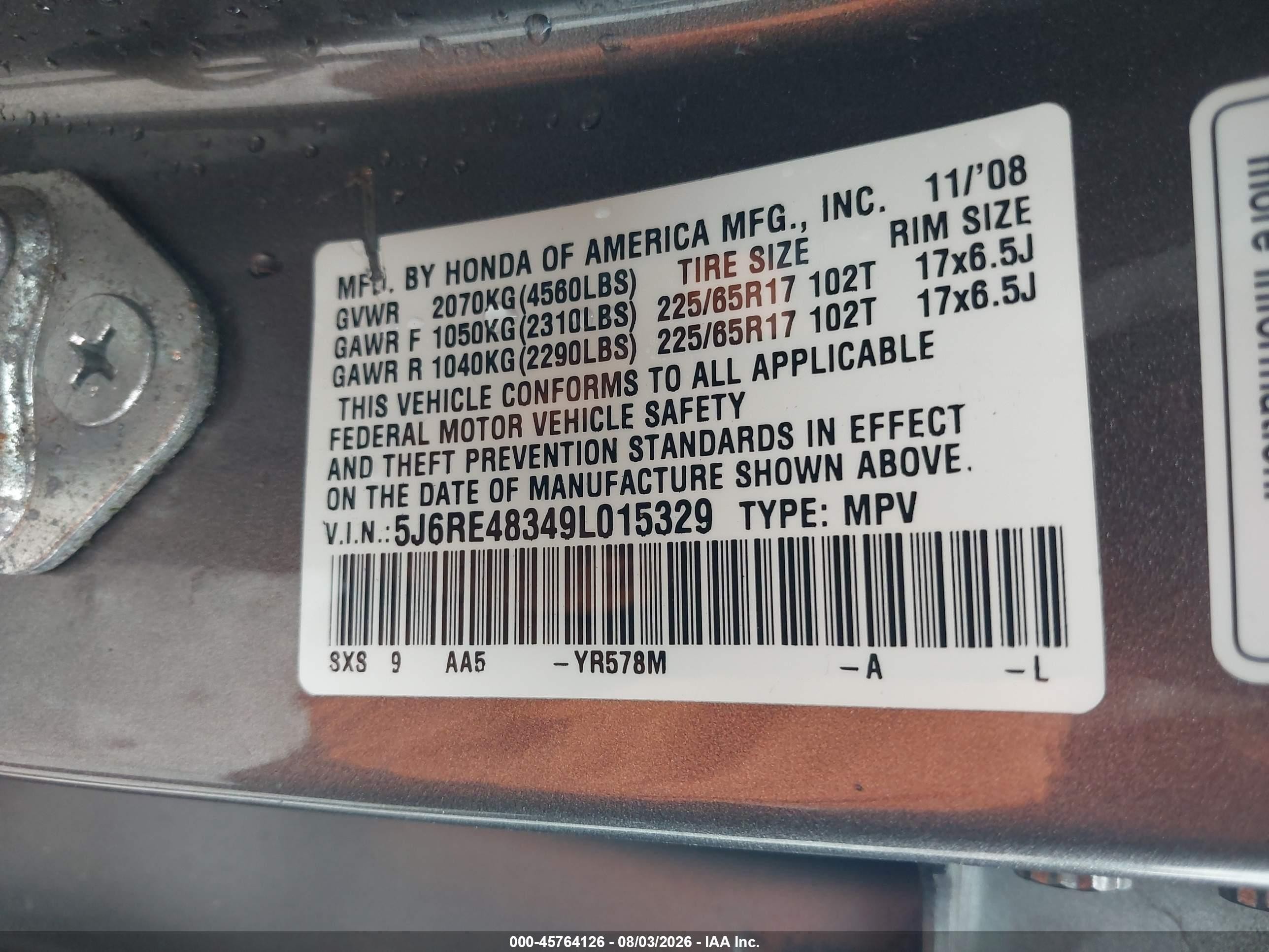 2009 Honda Cr-v Lx Brown vin: 5J6RE48349L015329