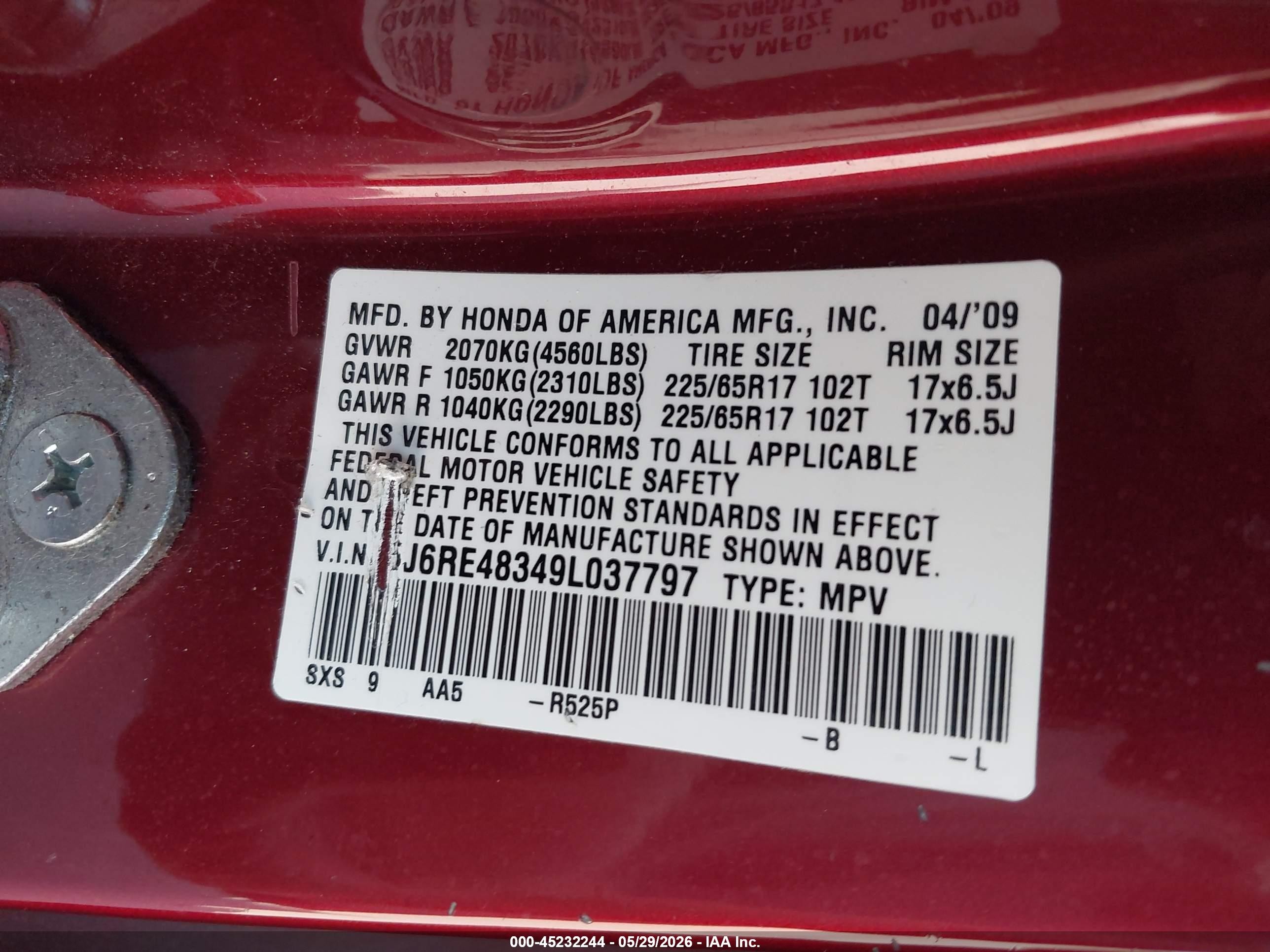 2009 Honda Cr-v Lx Red vin: 5J6RE48349L037797