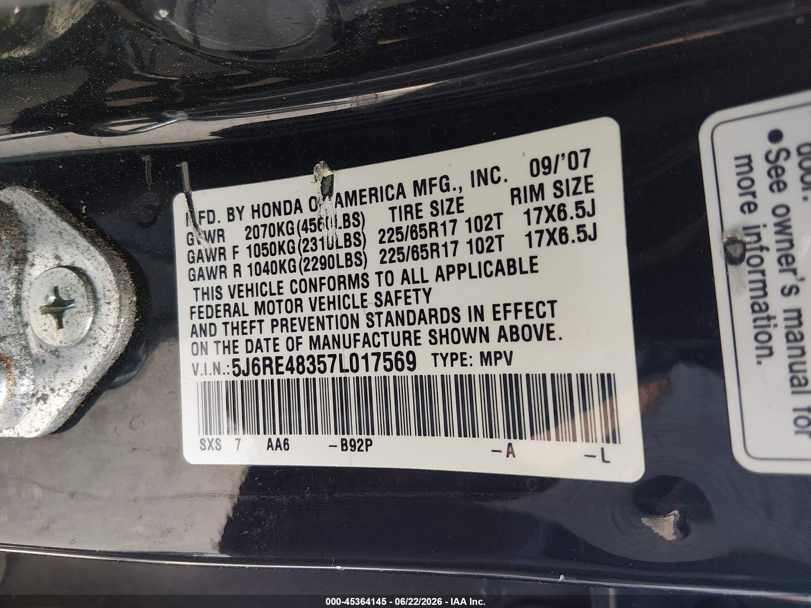 2007 Honda Cr-v Lx Black vin: 5J6RE48357L017569