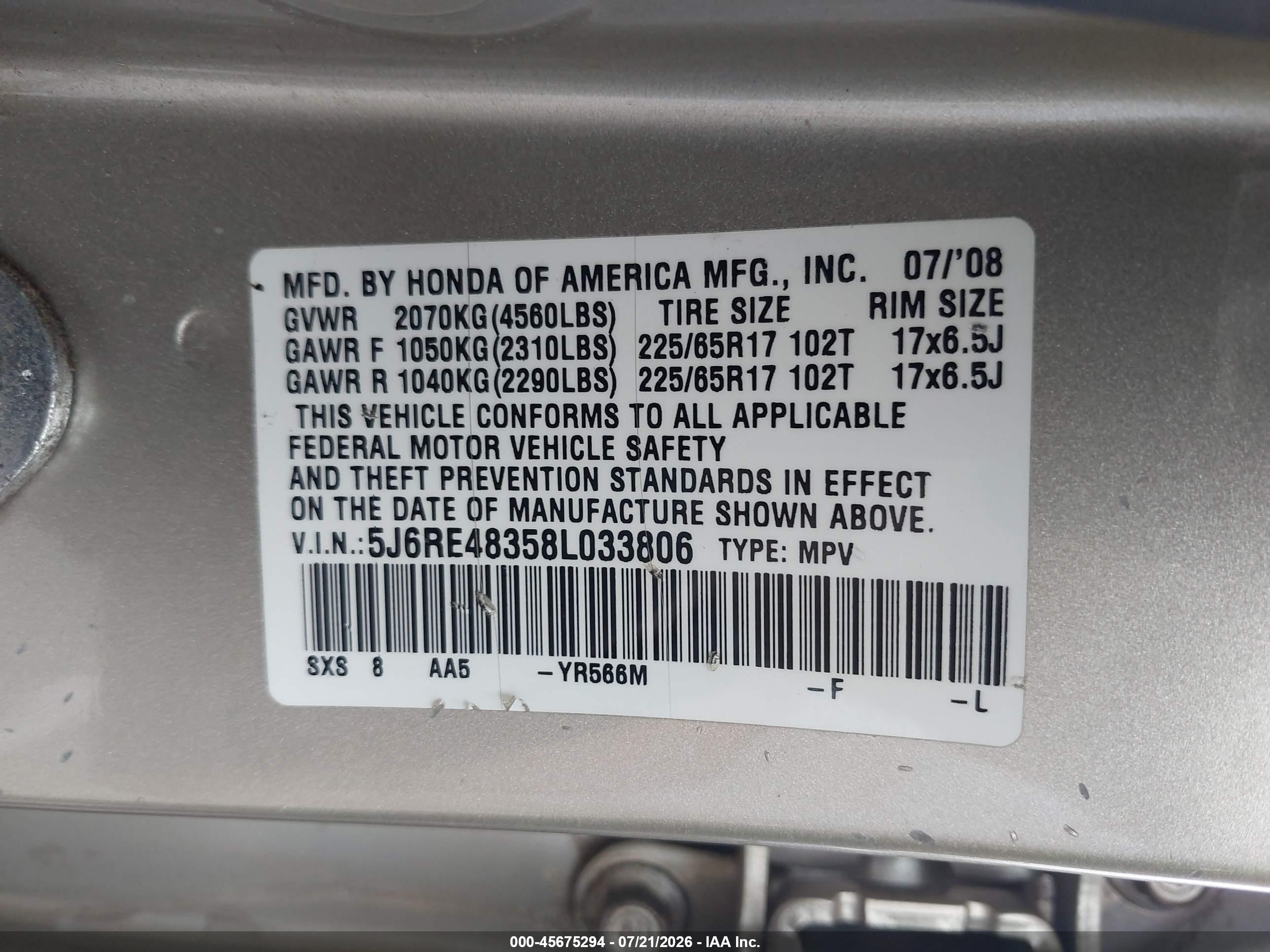 2008 Honda Cr-v Lx Beige vin: 5J6RE48358L033806