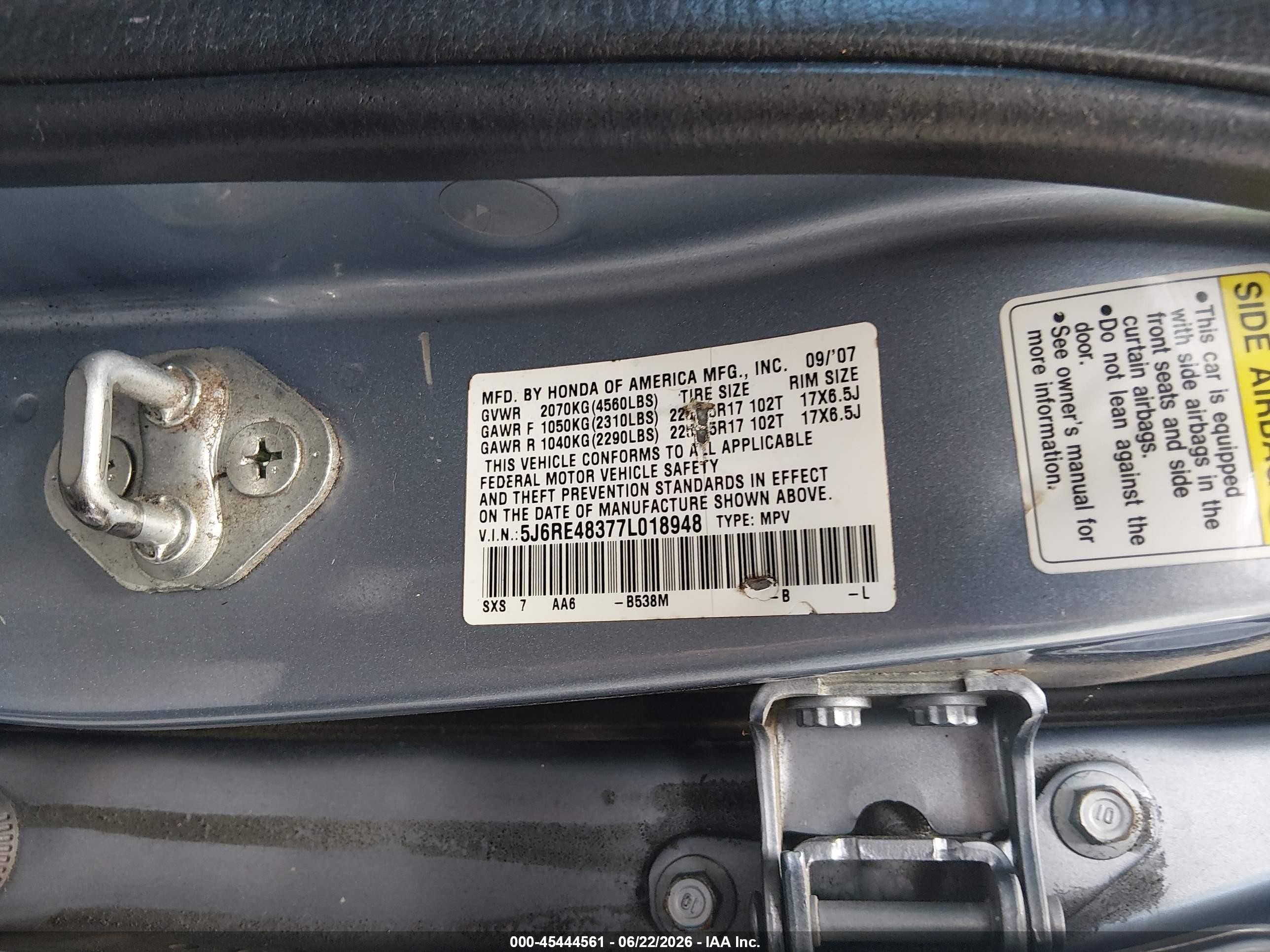 2007 Honda Cr-v Lx Blue vin: 5J6RE48377L018948
