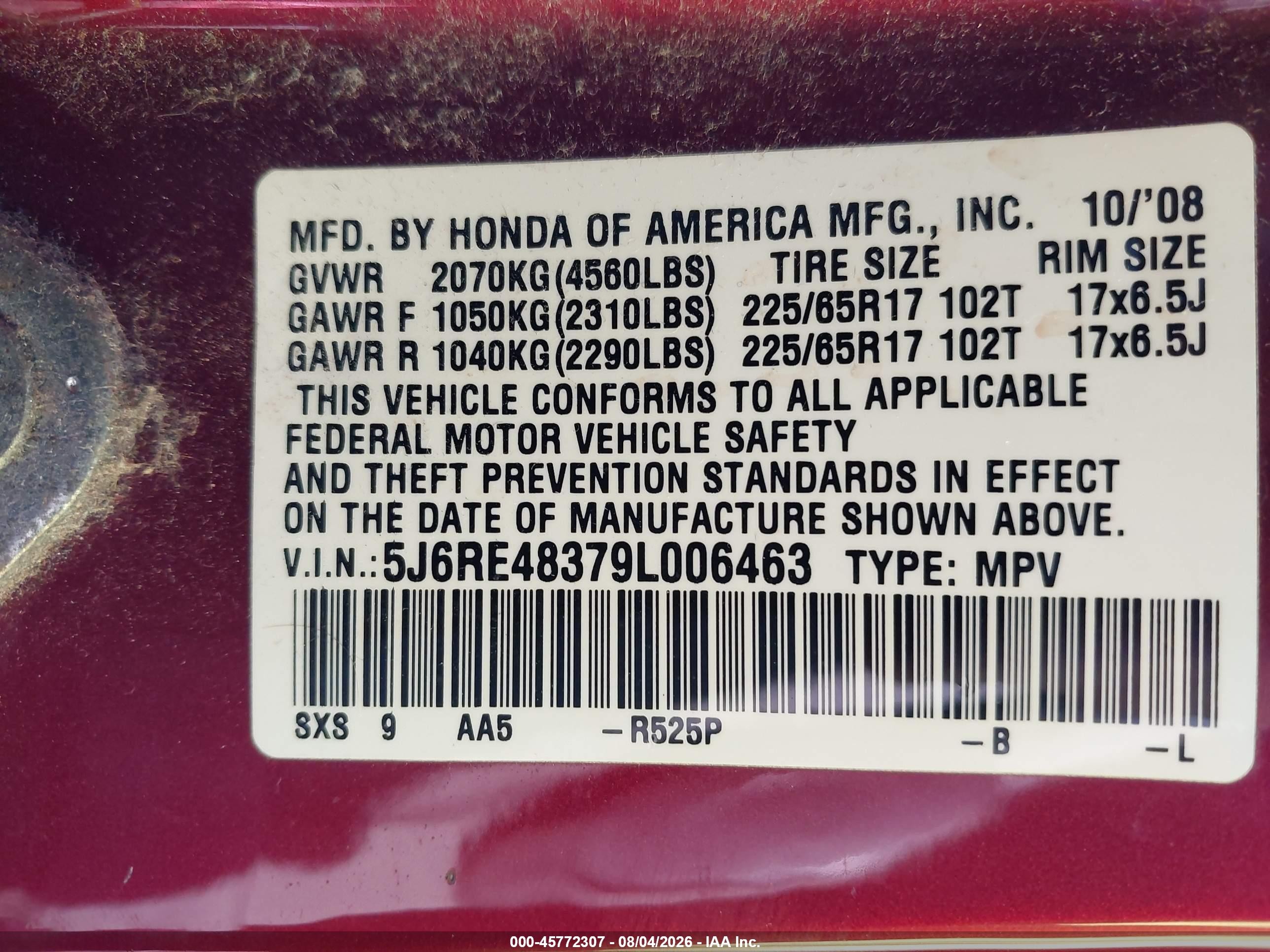 2009 Honda Cr-v Lx Red vin: 5J6RE48379L006463