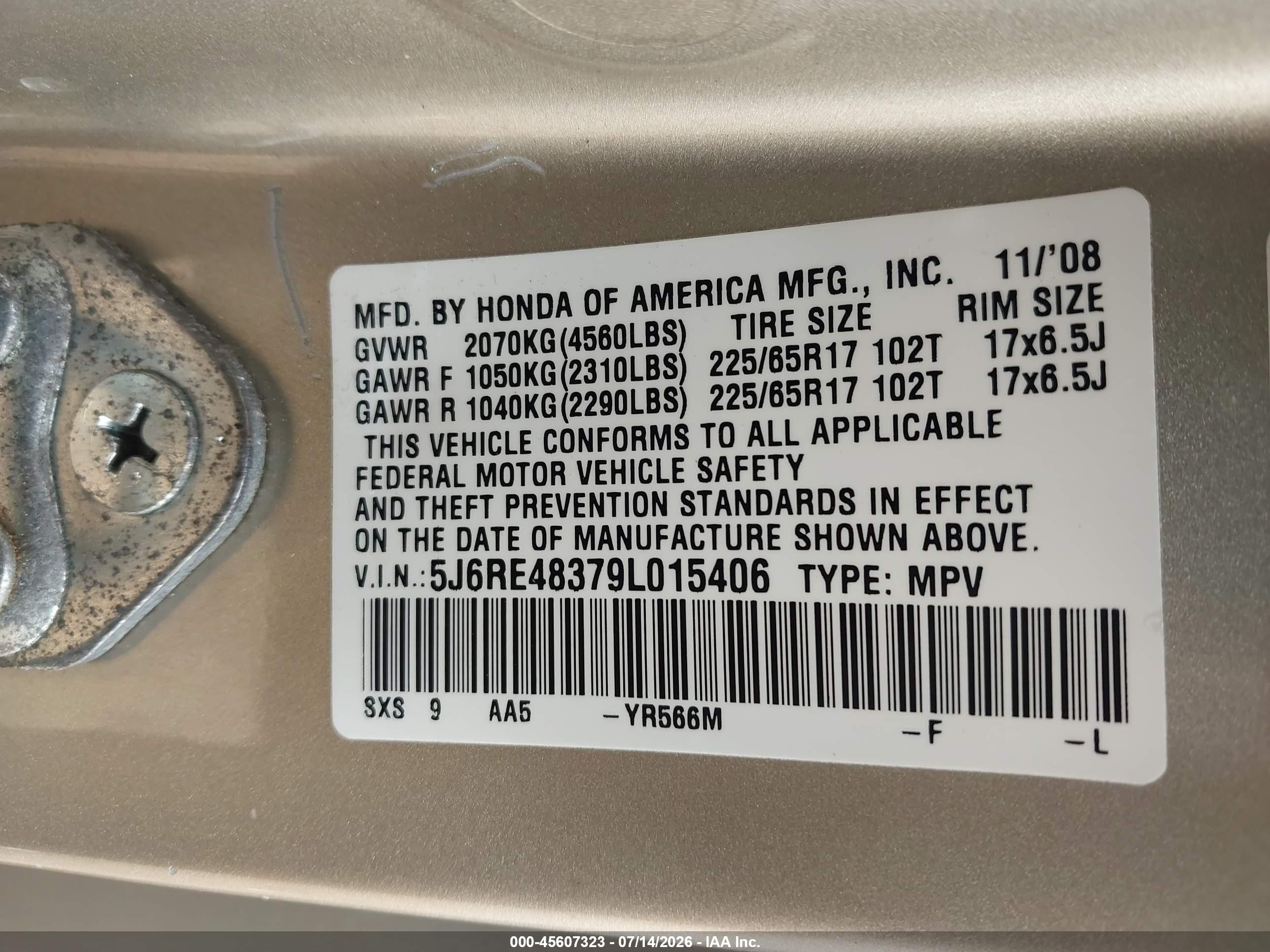 2009 Honda Cr-v Lx Золотой vin: 5J6RE48379L015406