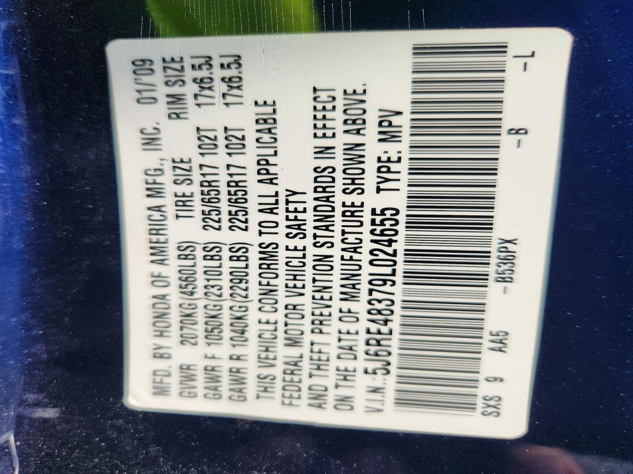 2009 Honda Cr-v Lx Blue vin: 5J6RE48379L024655