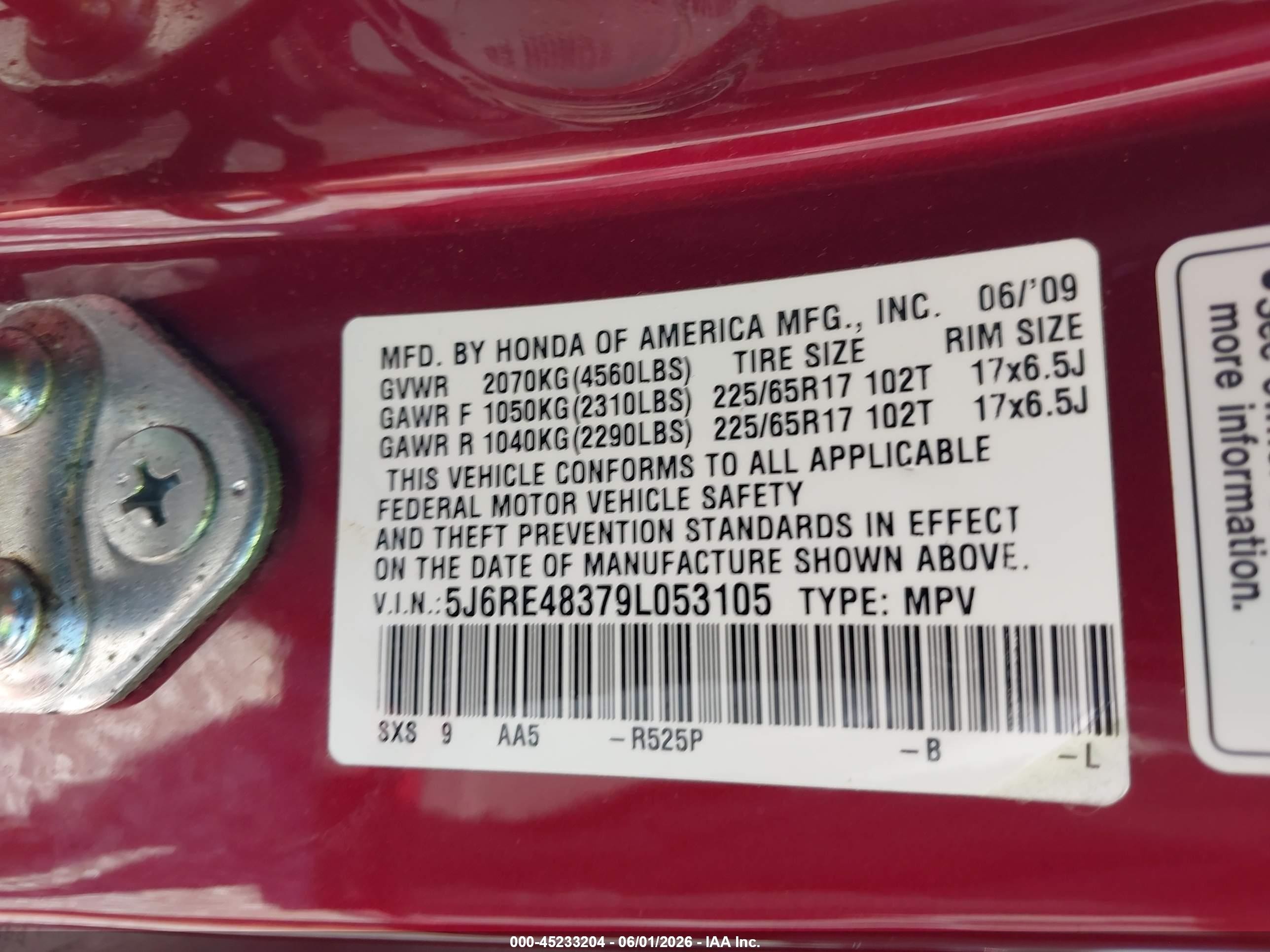 2009 Honda Cr-v Lx Red vin: 5J6RE48379L053105