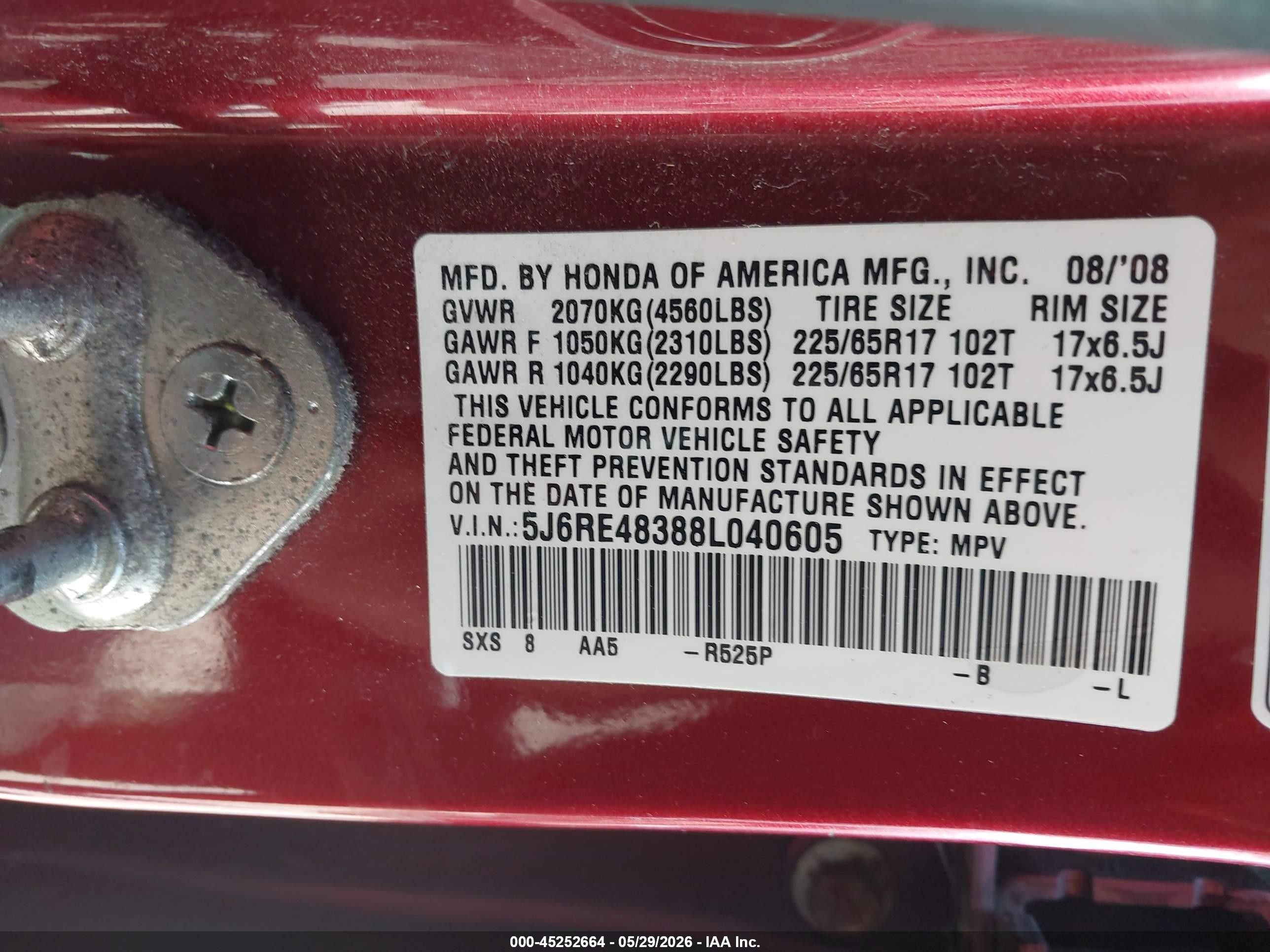 2008 Honda Cr-v Lx Red vin: 5J6RE48388L040605