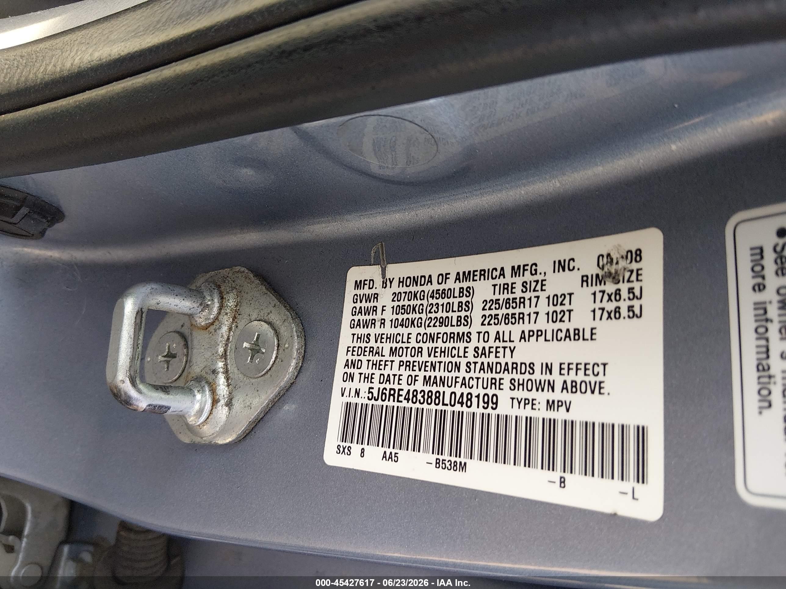 2008 Honda Cr-v Lx Blue vin: 5J6RE48388L048199