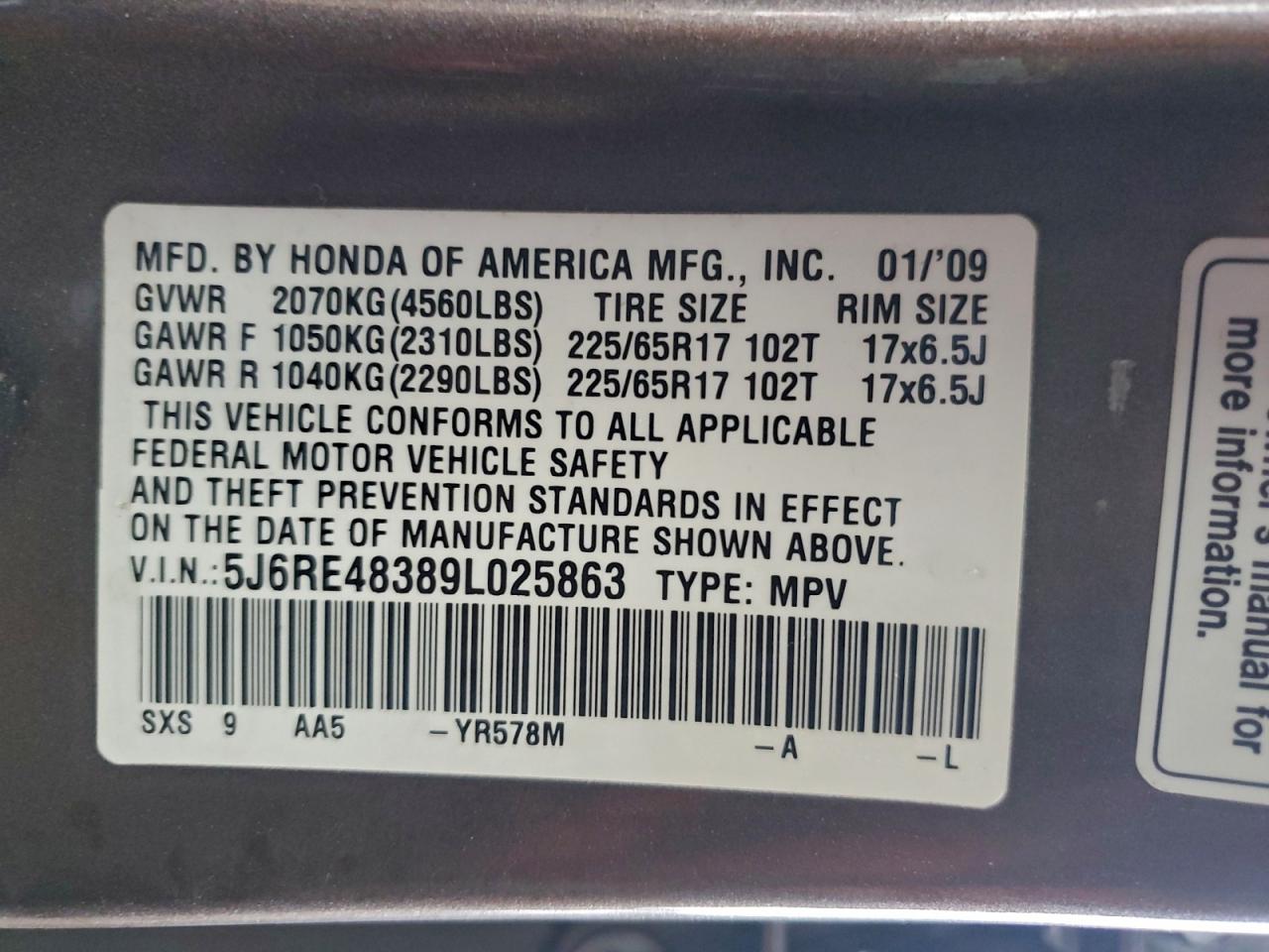 2009 Honda Cr-v Lx Gray vin: 5J6RE48389L025863
