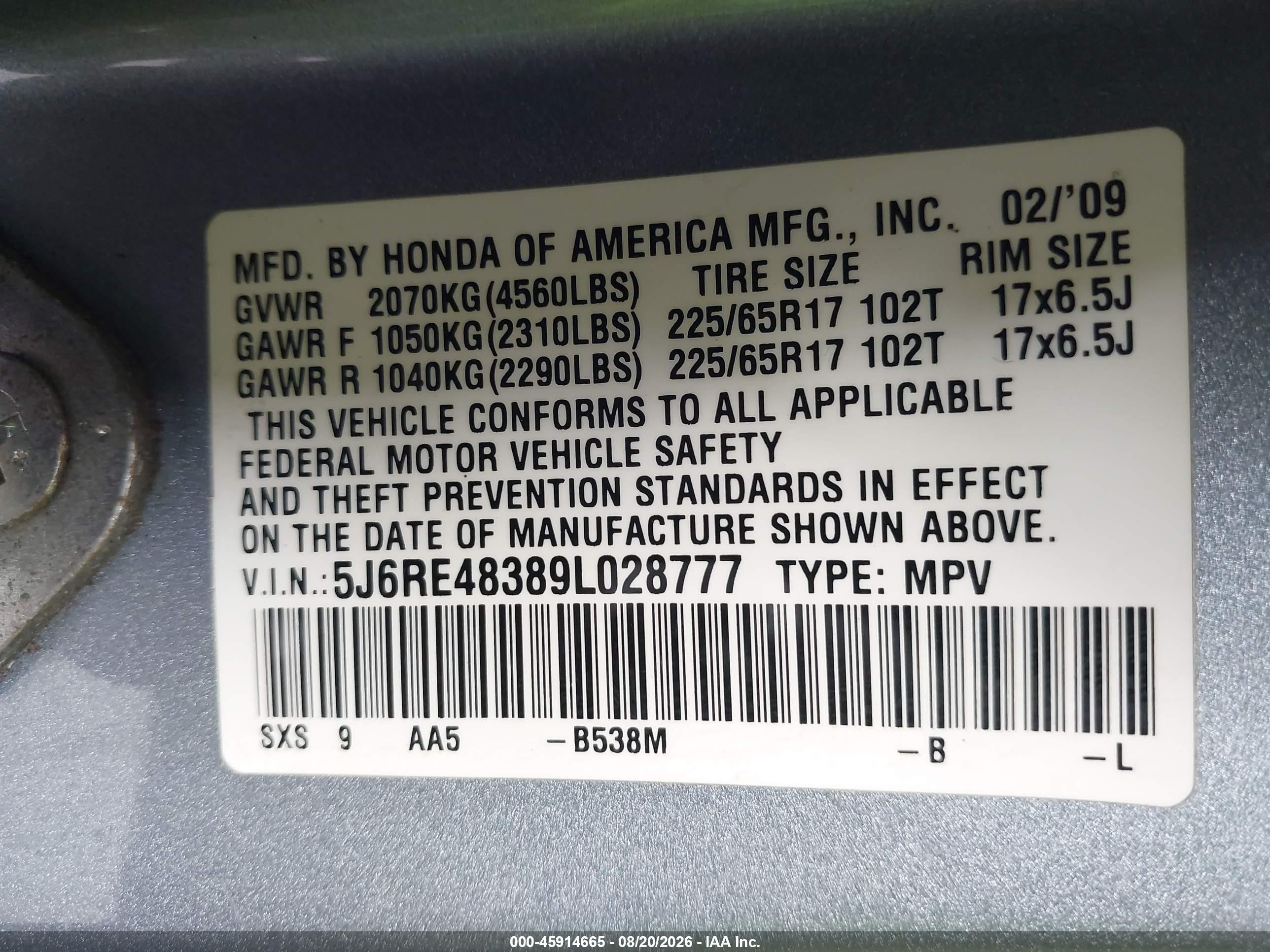2009 Honda Cr-v Lx Light Blue vin: 5J6RE48389L028777
