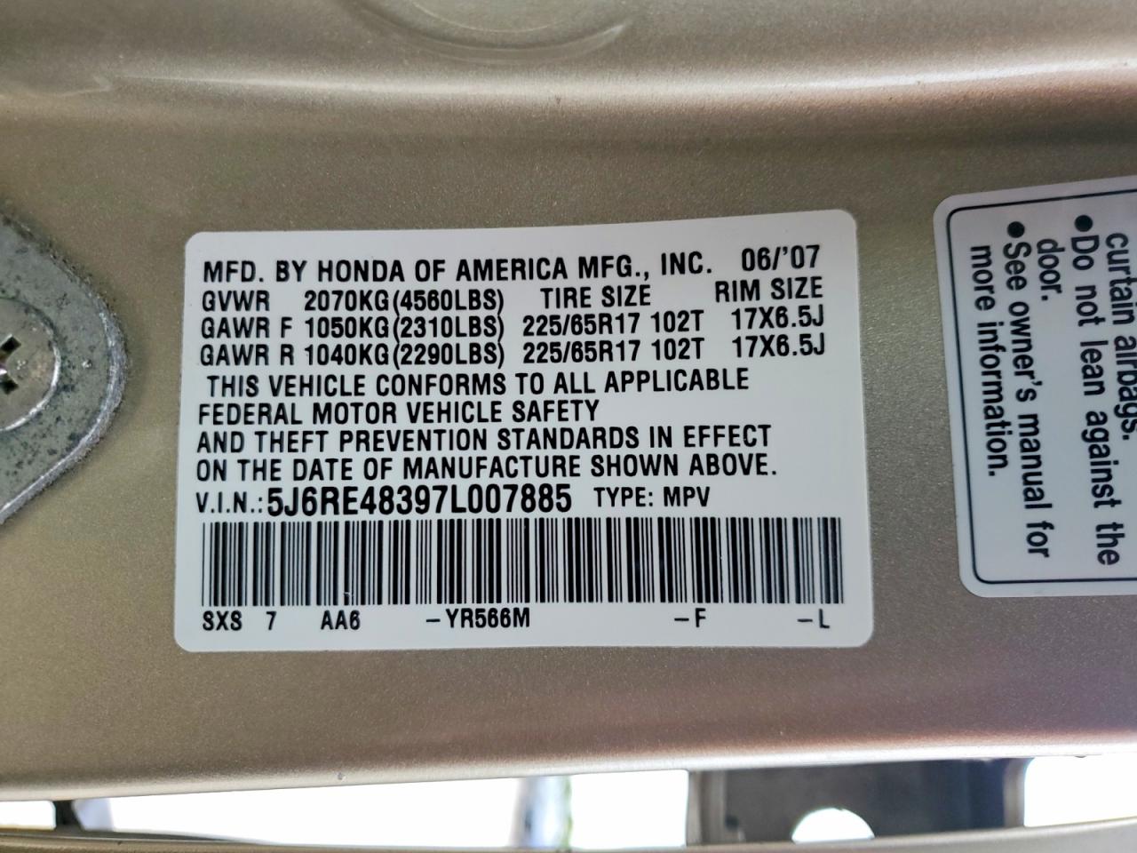 2007 Honda Cr-v Lx Beige vin: 5J6RE48397L007885