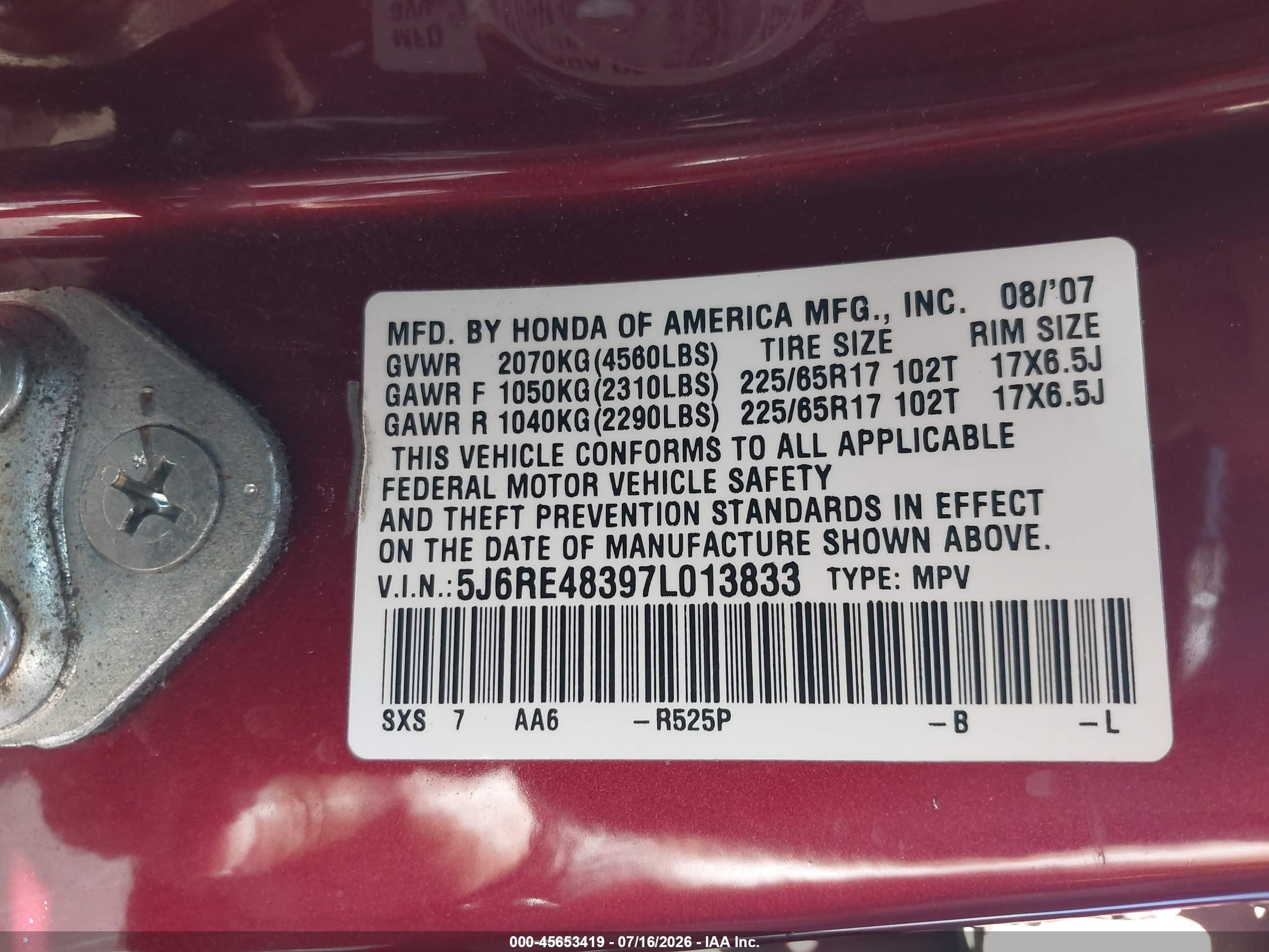 2007 Honda Cr-v Lx Red vin: 5J6RE48397L013833