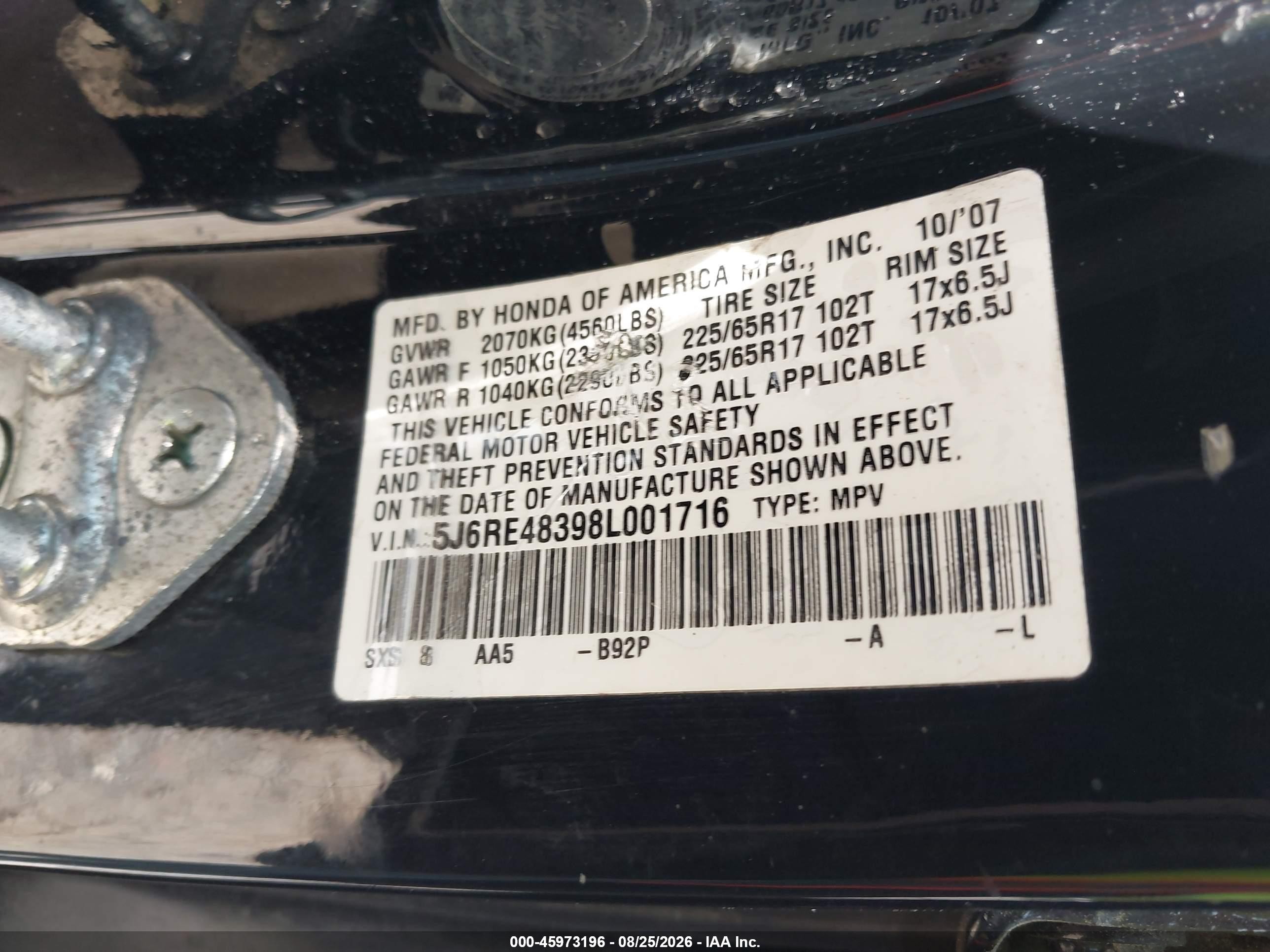 2008 Honda Cr-v Lx Gray vin: 5J6RE48398L001716