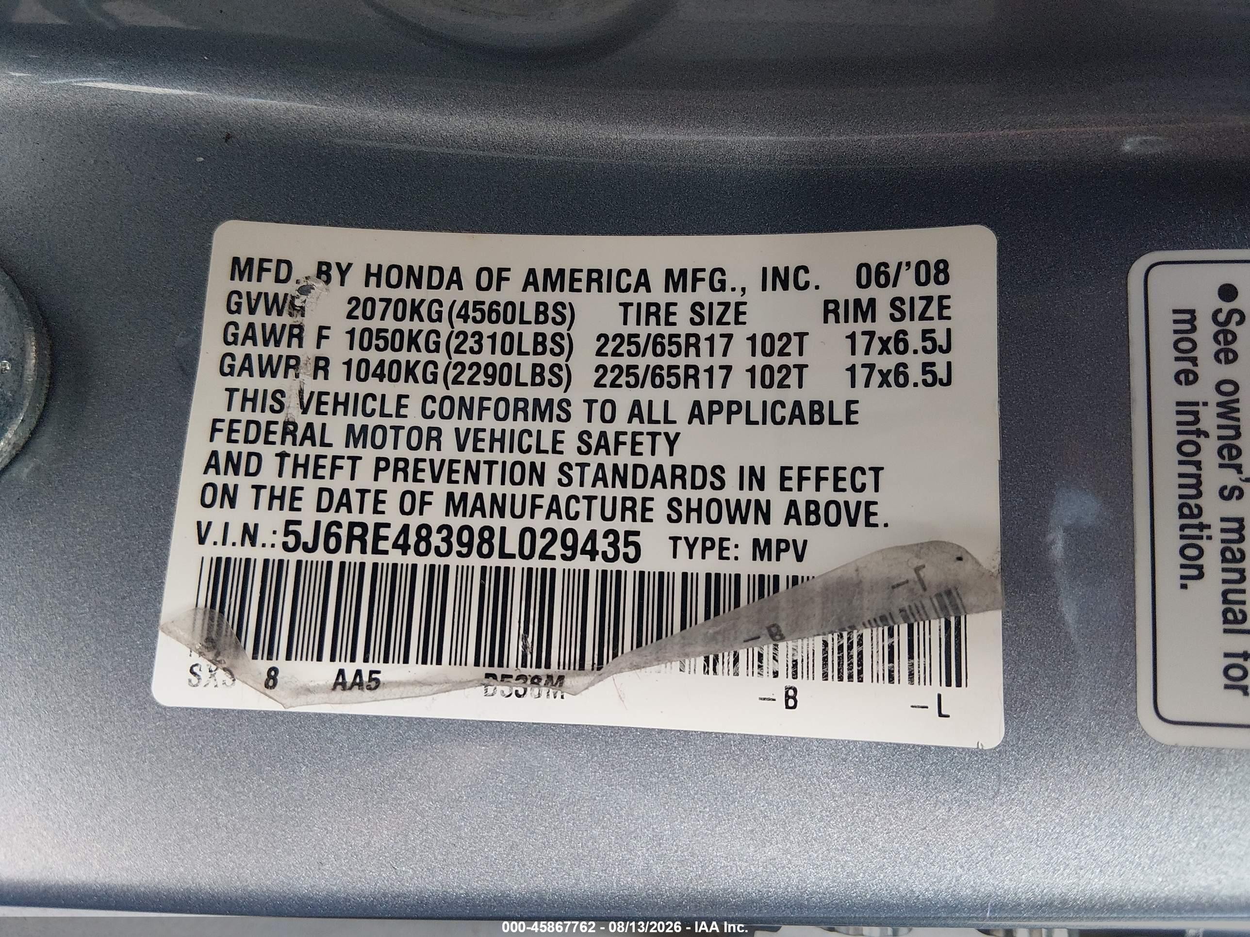 2008 Honda Cr-v Lx Silver vin: 5J6RE48398L029435