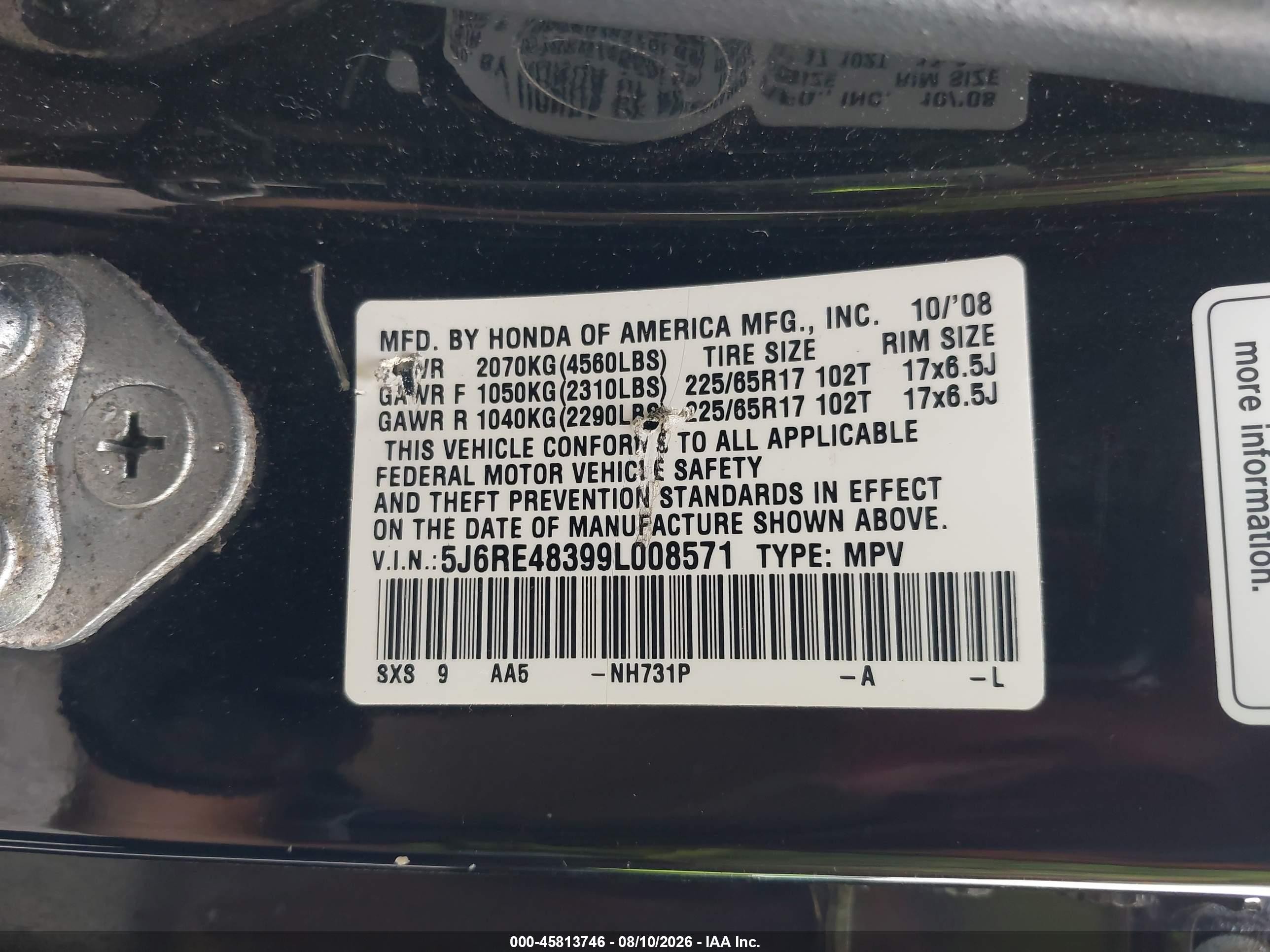 2009 Honda Cr-v Lx Черный vin: 5J6RE48399L008571