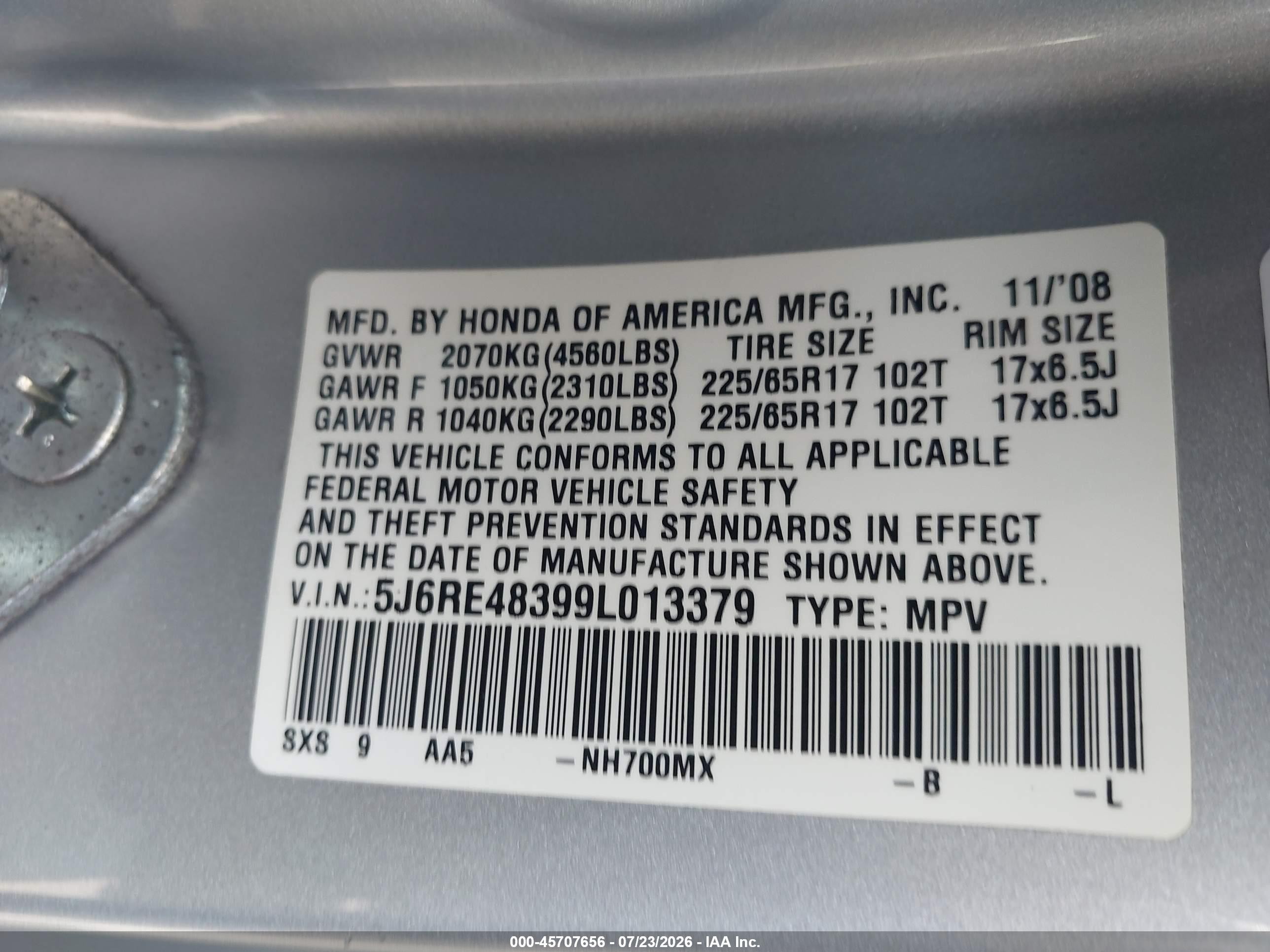 2009 Honda Cr-v Lx Silver vin: 5J6RE48399L013379