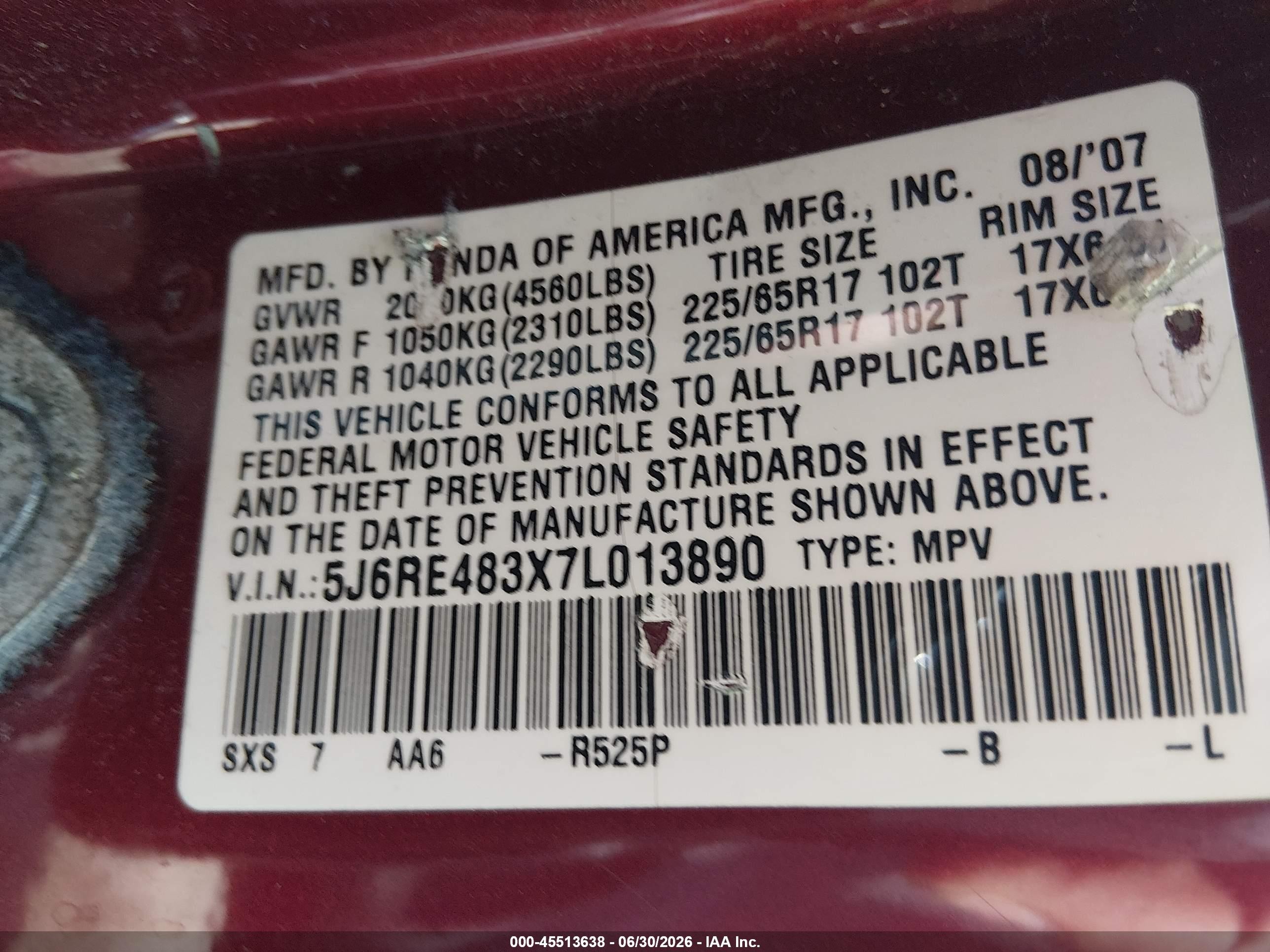 2007 Honda Cr-v Lx Red vin: 5J6RE483X7L013890