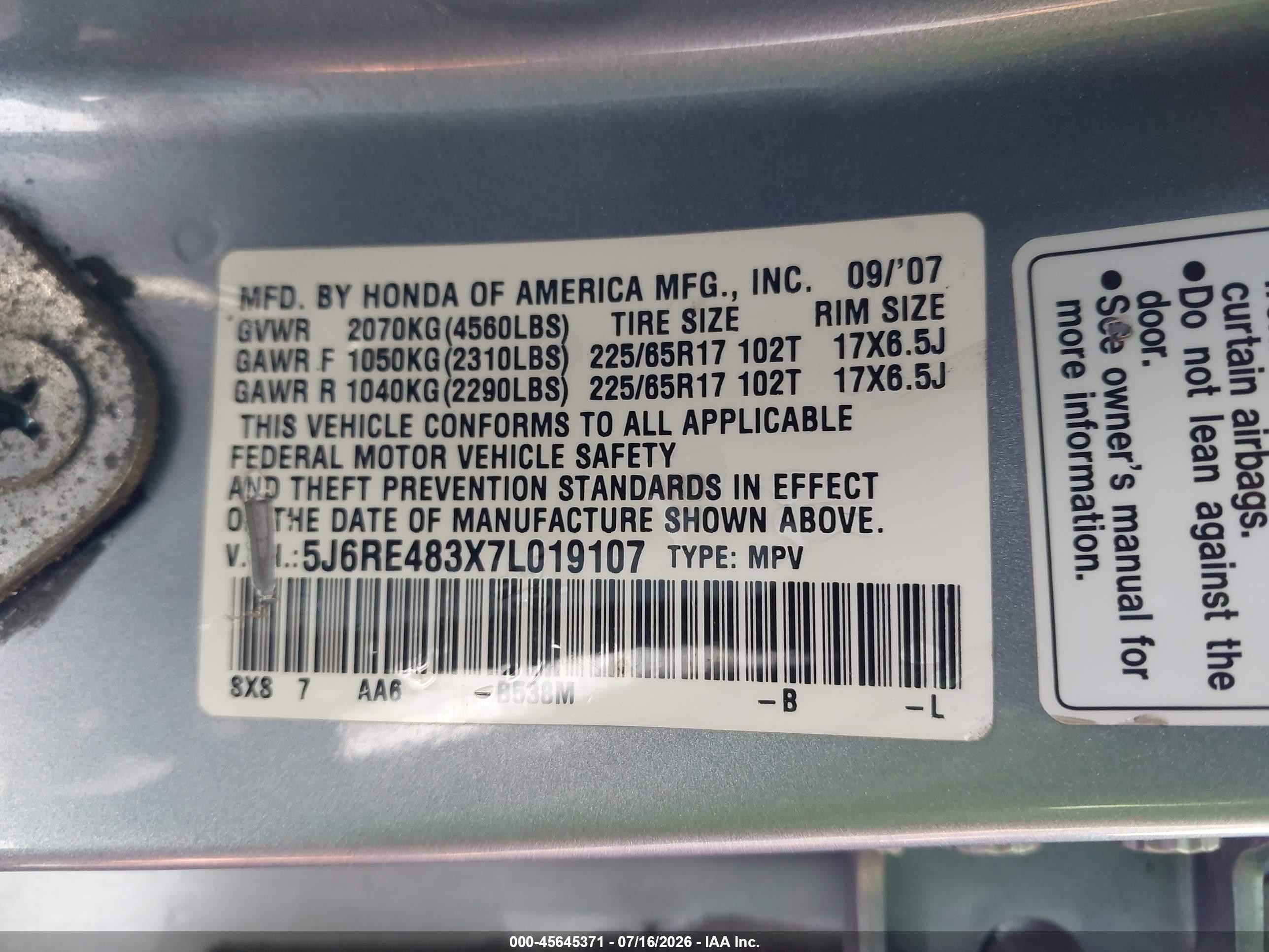 2007 Honda Cr-v Lx Light Blue vin: 5J6RE483X7L019107