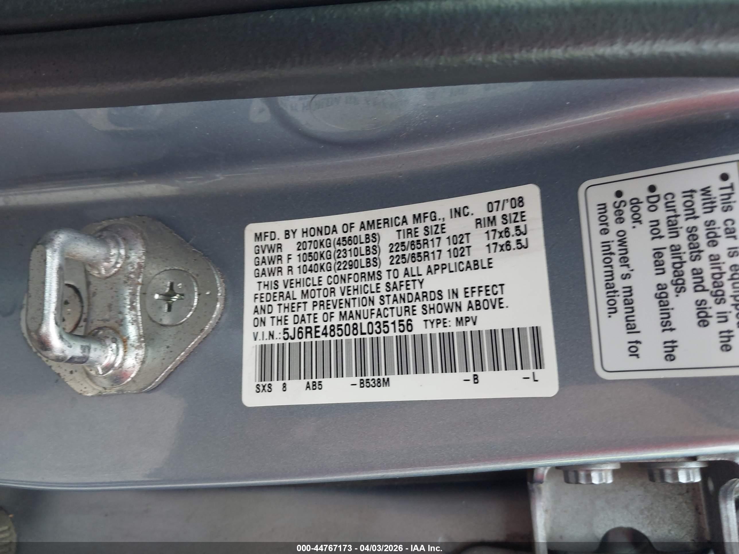 2008 Honda Cr-v Ex Blue vin: 5J6RE48508L035156
