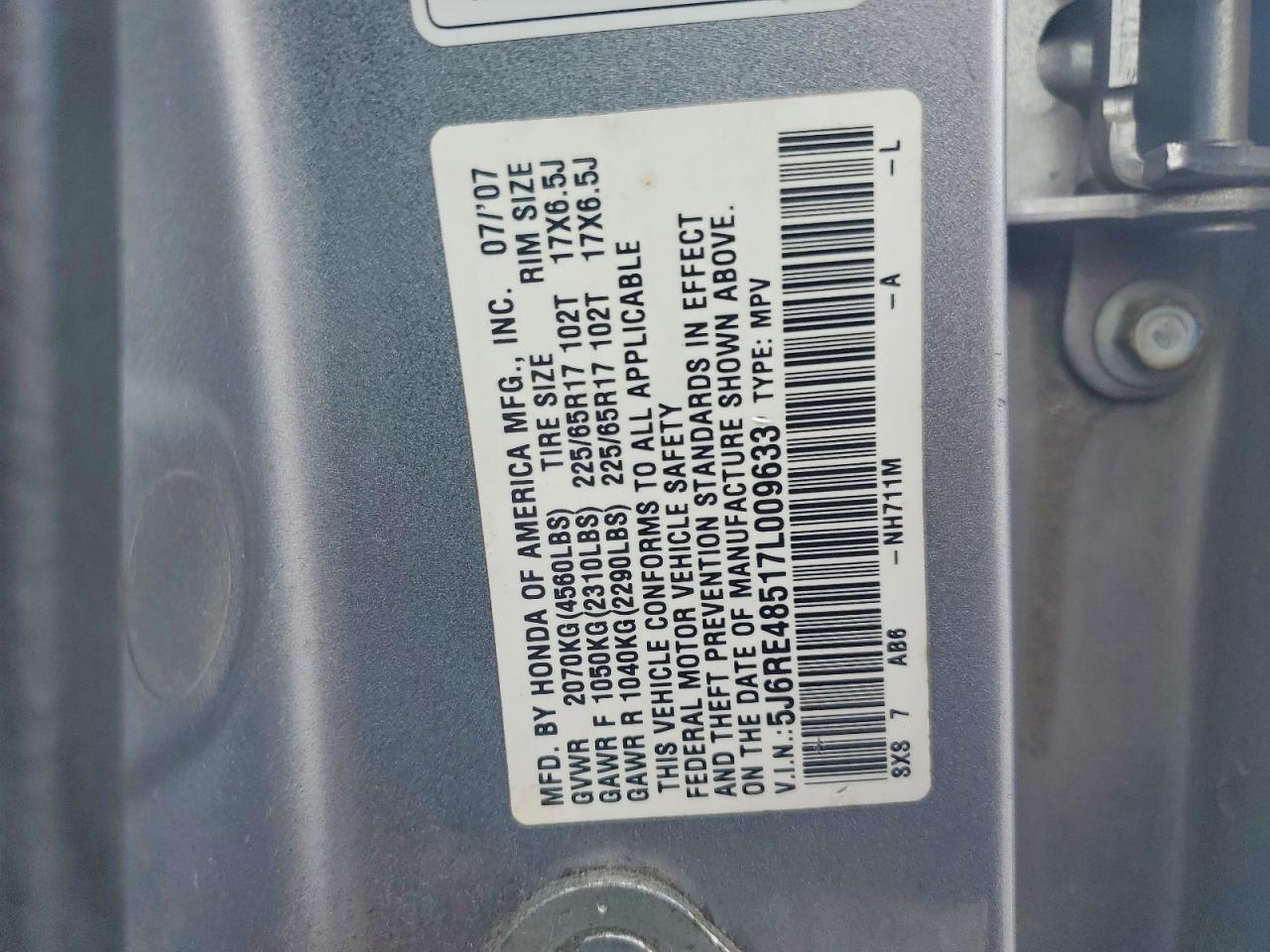 2007 Honda Cr-v Ex Silver vin: 5J6RE48517L009633