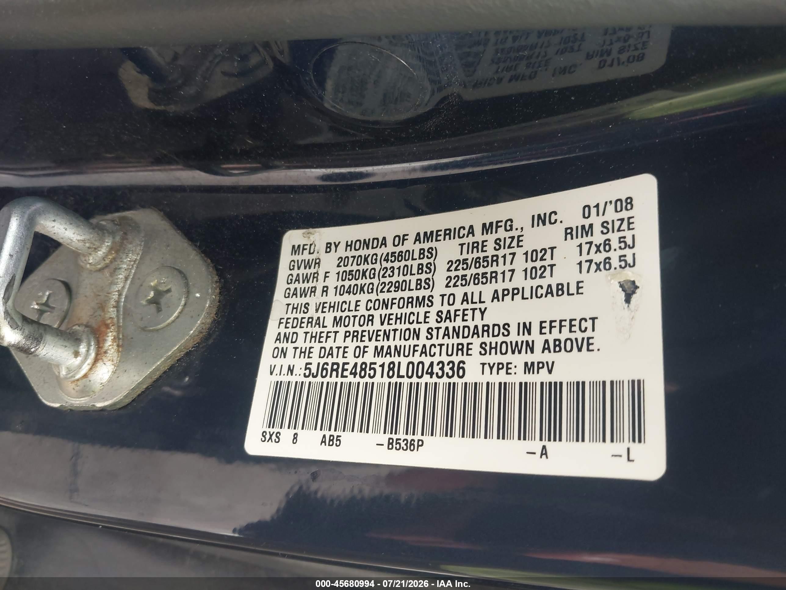 2008 Honda Cr-v Ex Blue vin: 5J6RE48518L004336