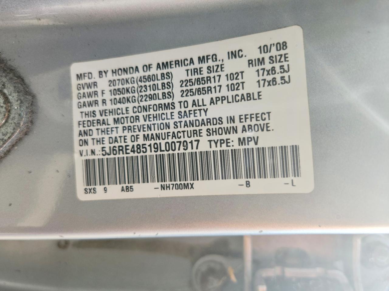2009 Honda Cr-v Ex Silver vin: 5J6RE48519L007917