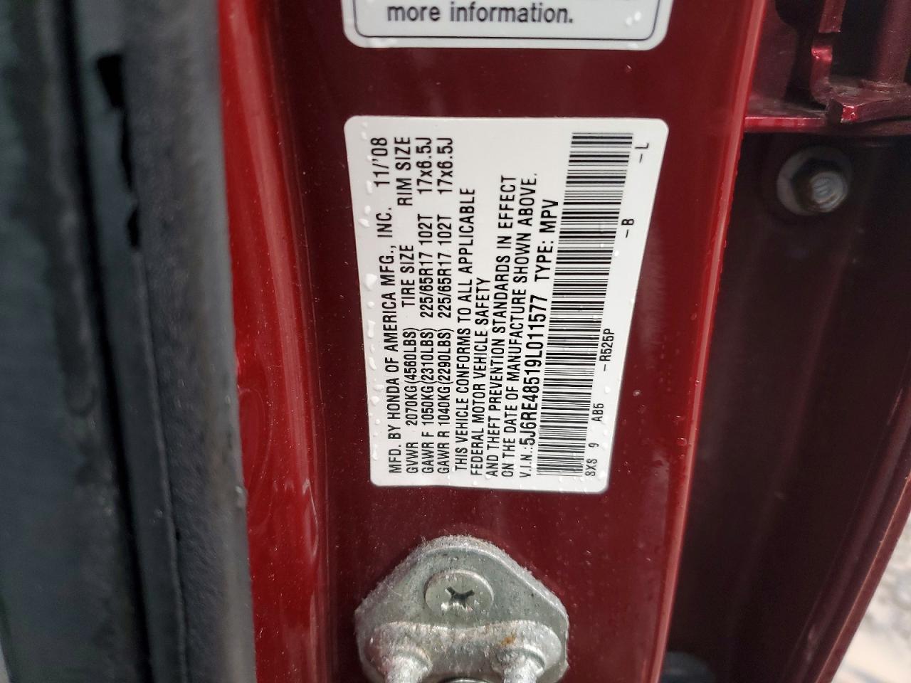 2009 Honda Cr-v Ex Burgundy vin: 5J6RE48519L011577