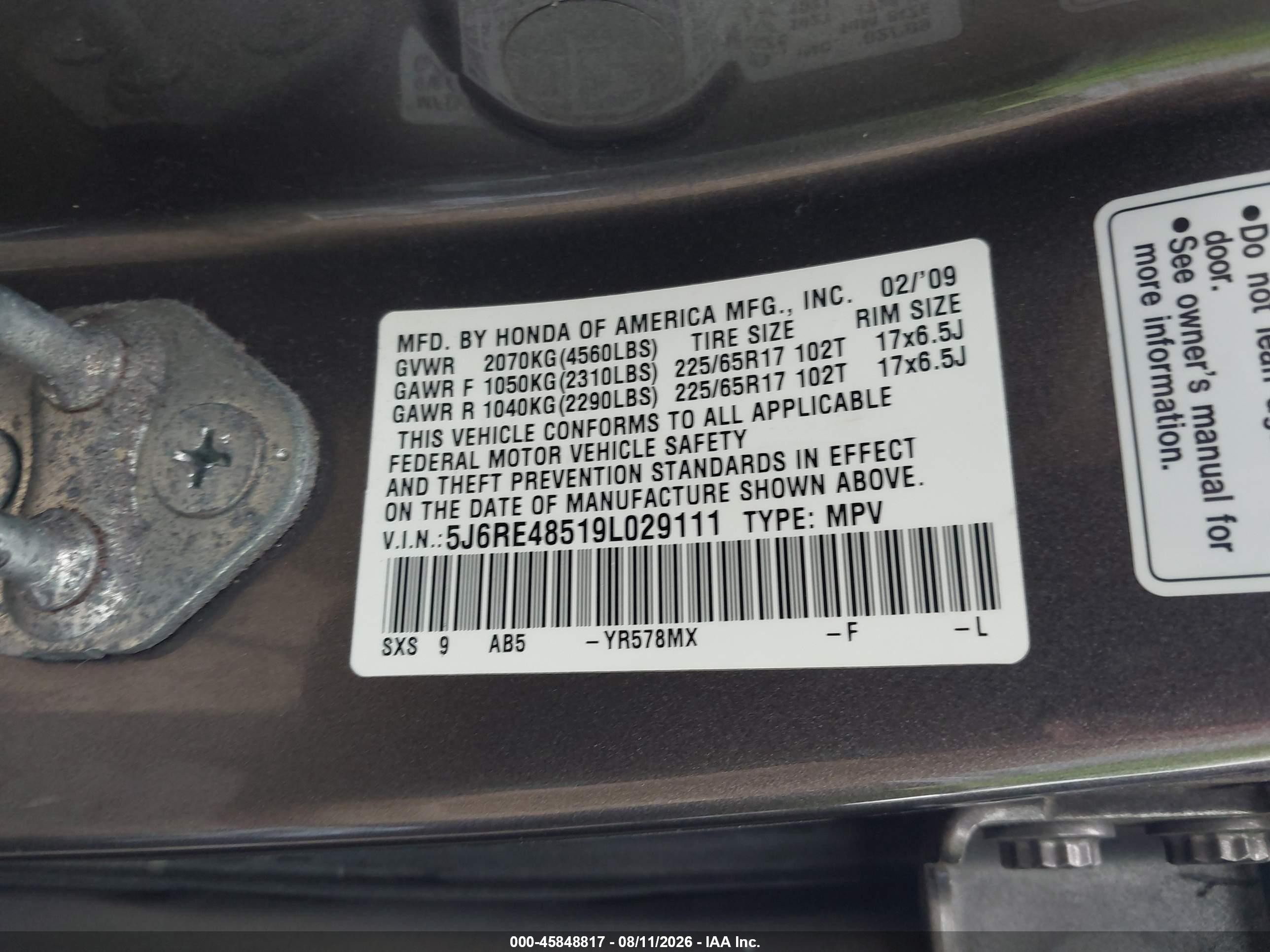 2009 Honda Cr-v Ex Brown vin: 5J6RE48519L029111