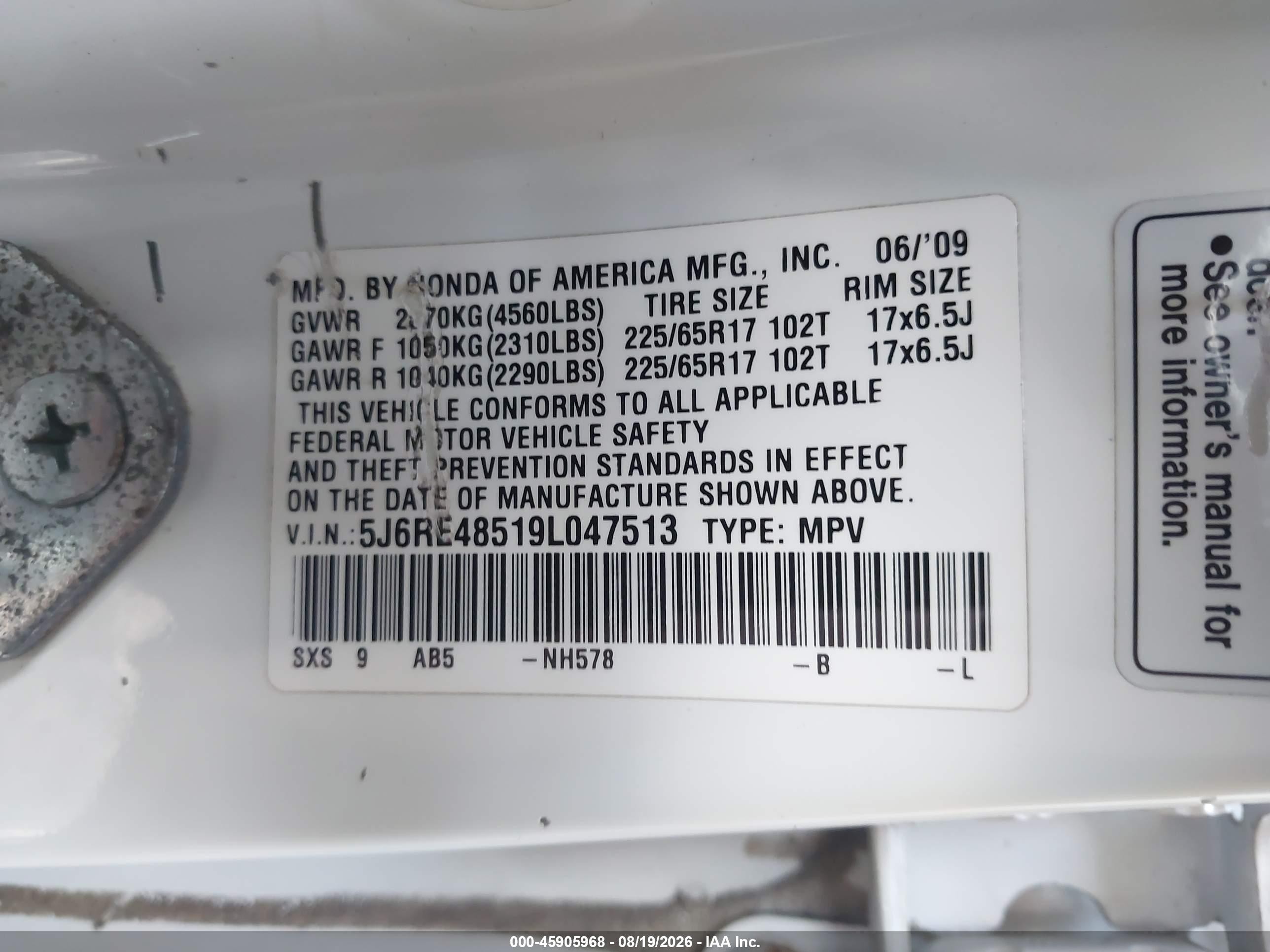 2009 Honda Cr-v Ex White vin: 5J6RE48519L047513