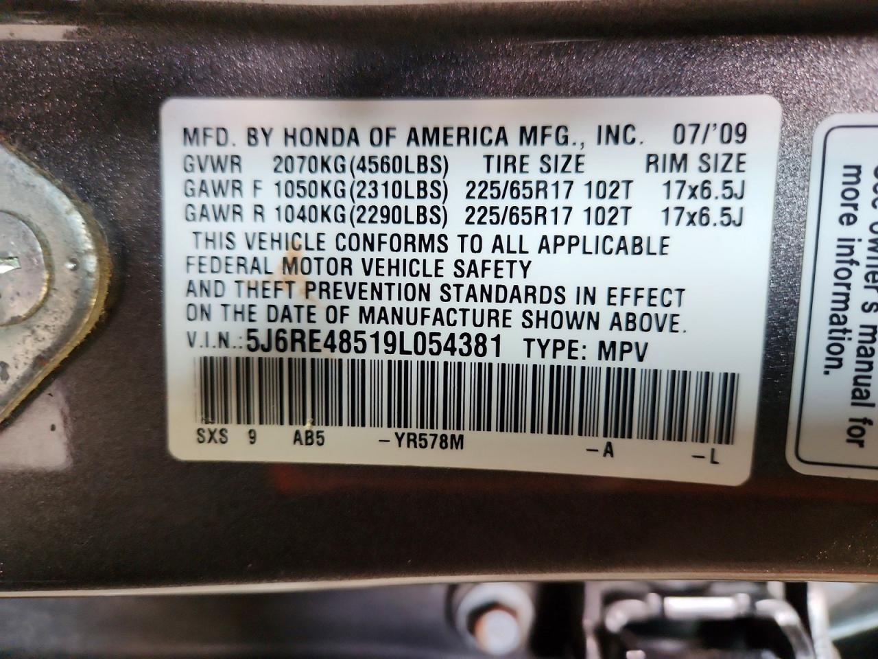 2009 Honda Cr-v Ex Tan vin: 5J6RE48519L054381