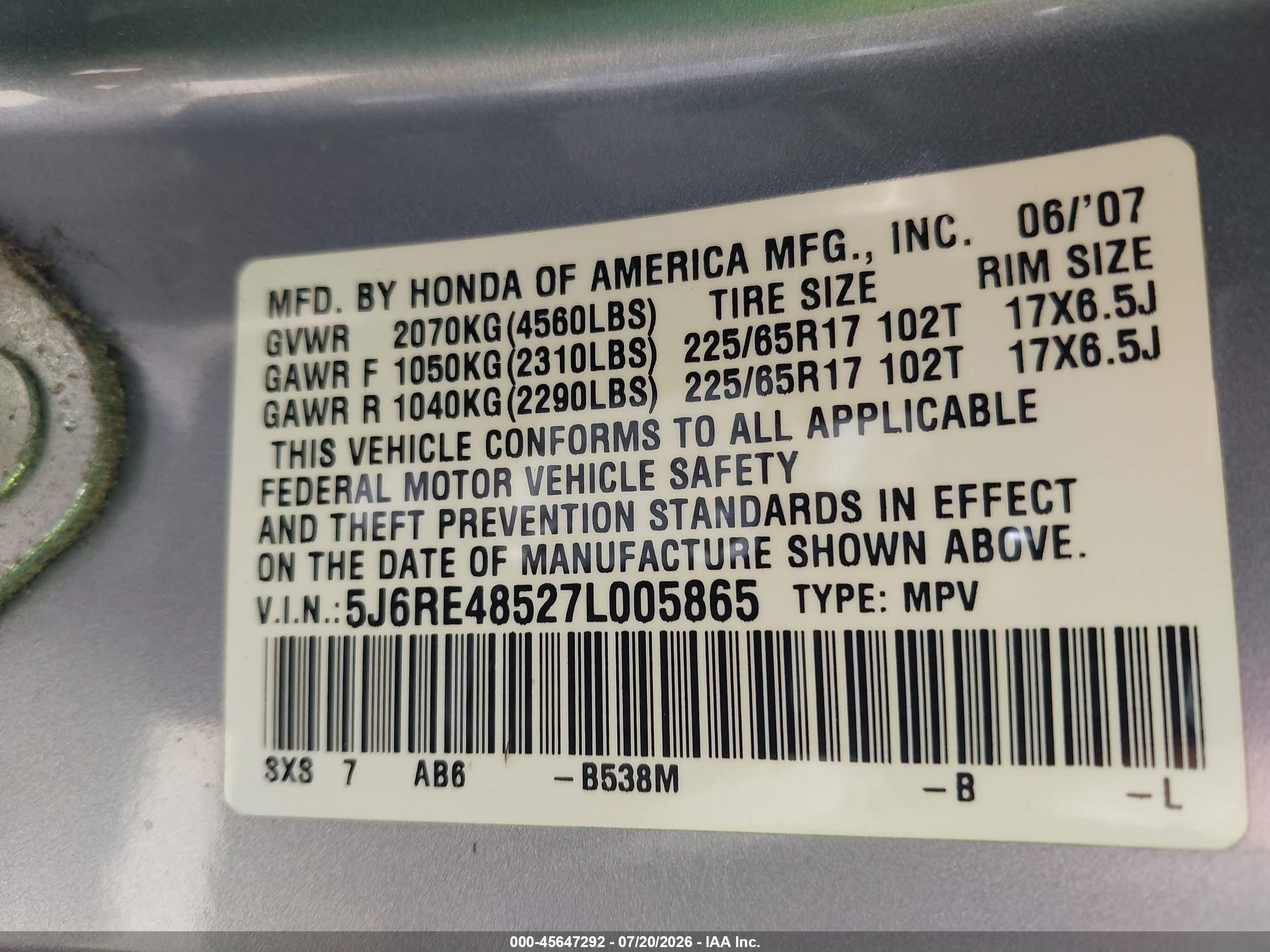 2007 Honda Cr-v Ex Gray vin: 5J6RE48527L005865