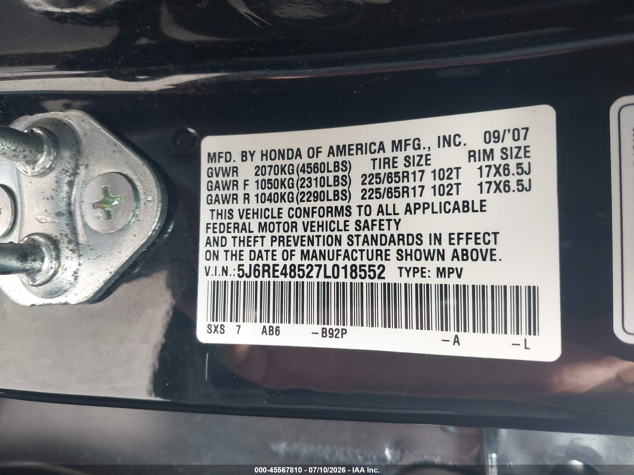 2007 Honda Cr-v Ex Black vin: 5J6RE48527L018552