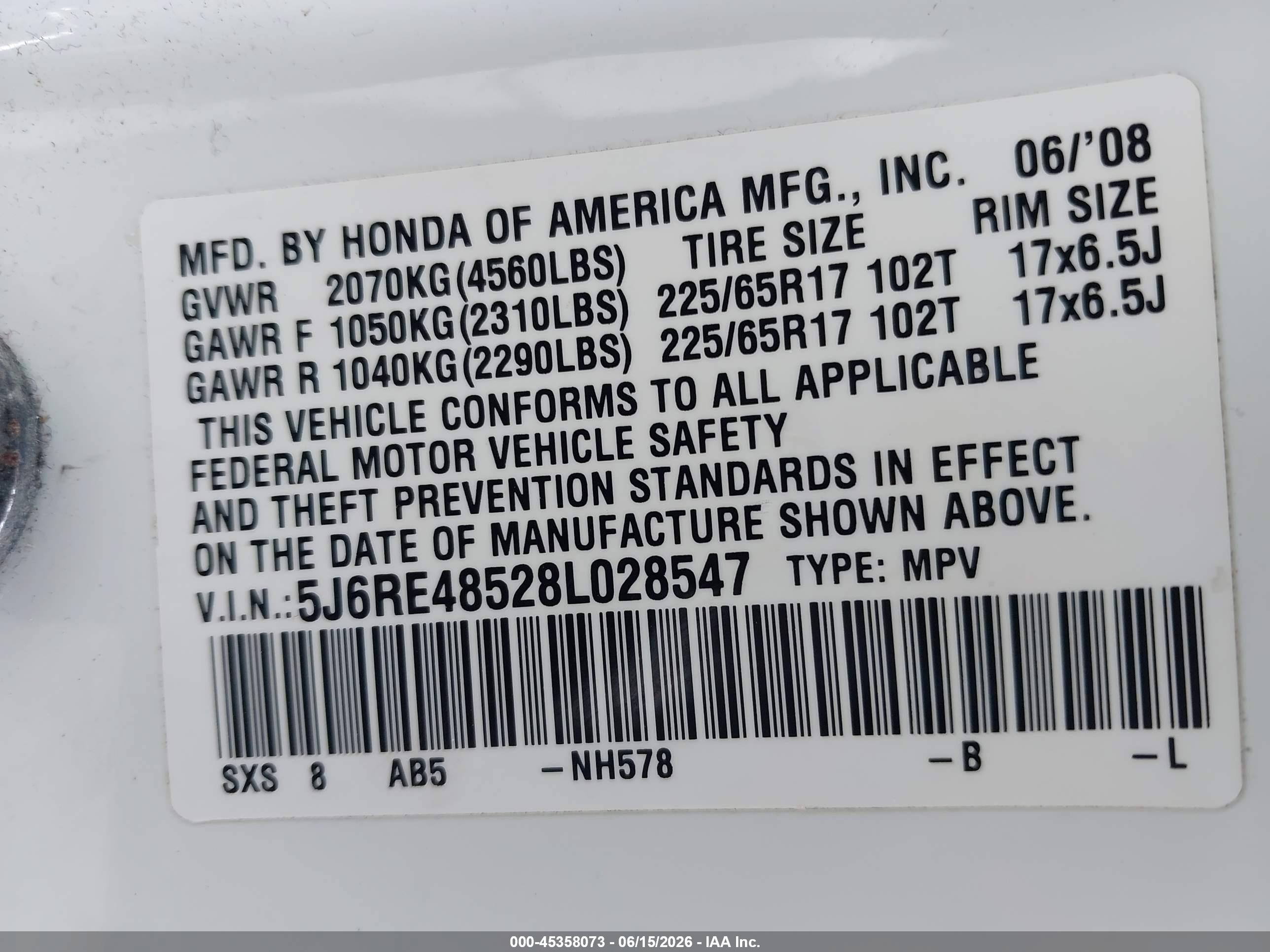 2008 Honda Cr-v Ex White vin: 5J6RE48528L028547