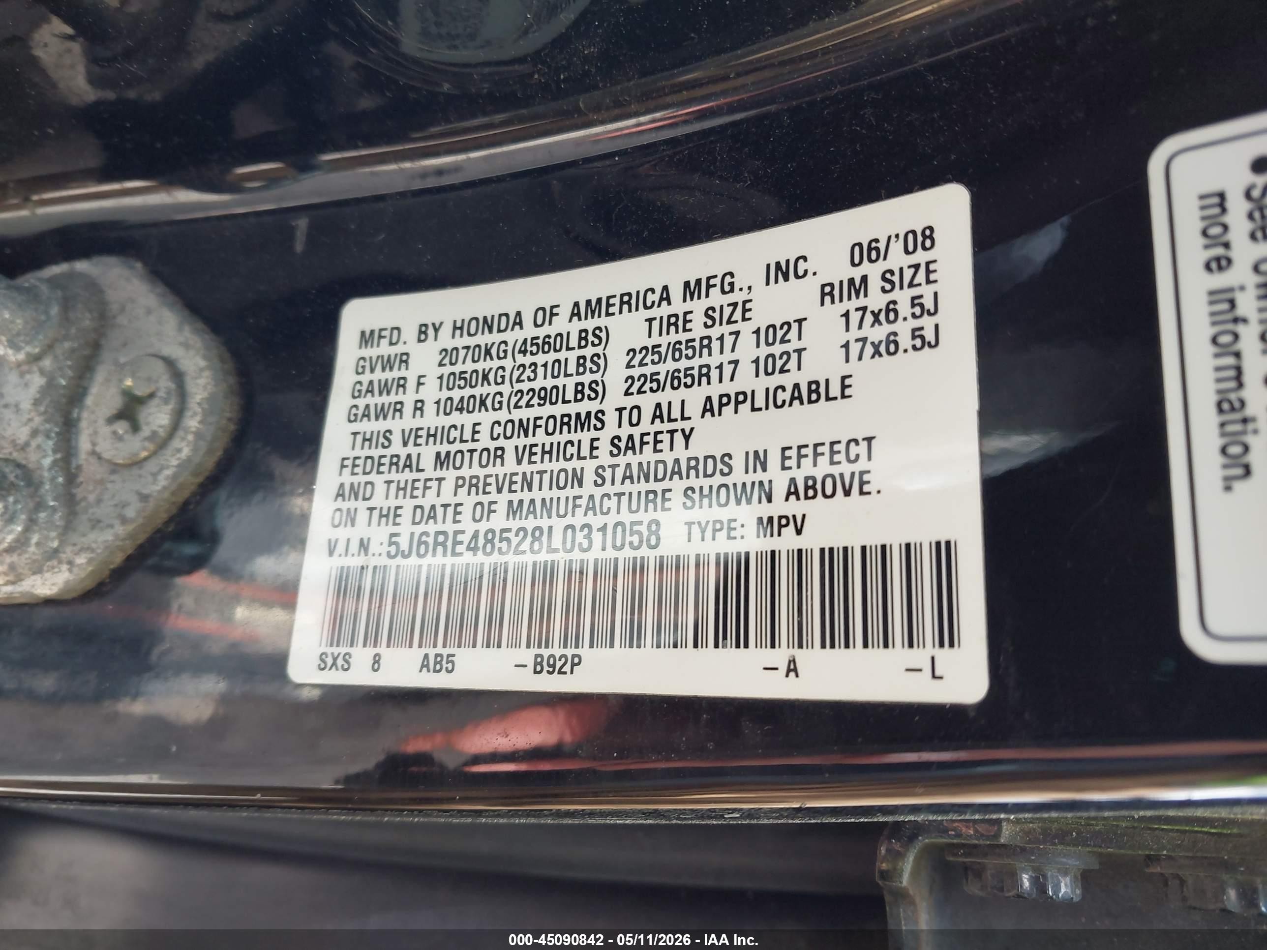 2008 Honda Cr-v Ex Black vin: 5J6RE48528L031058