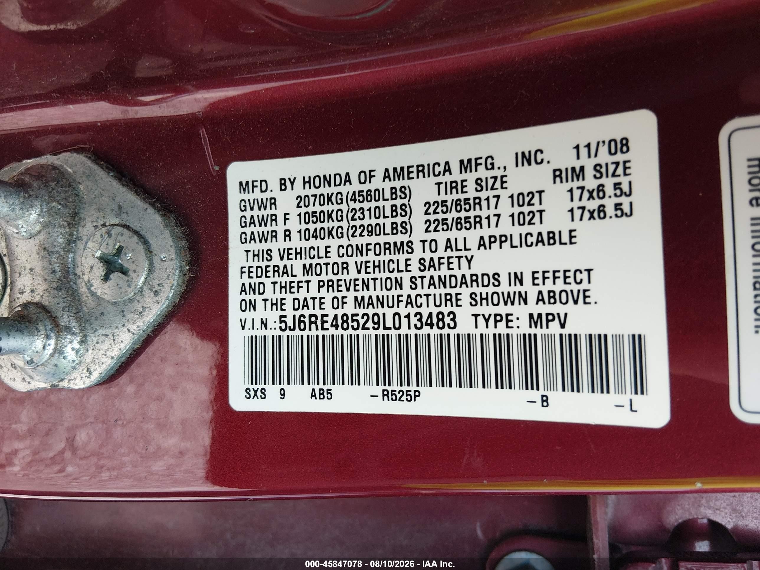 2009 Honda Cr-v Ex Burgundy vin: 5J6RE48529L013483
