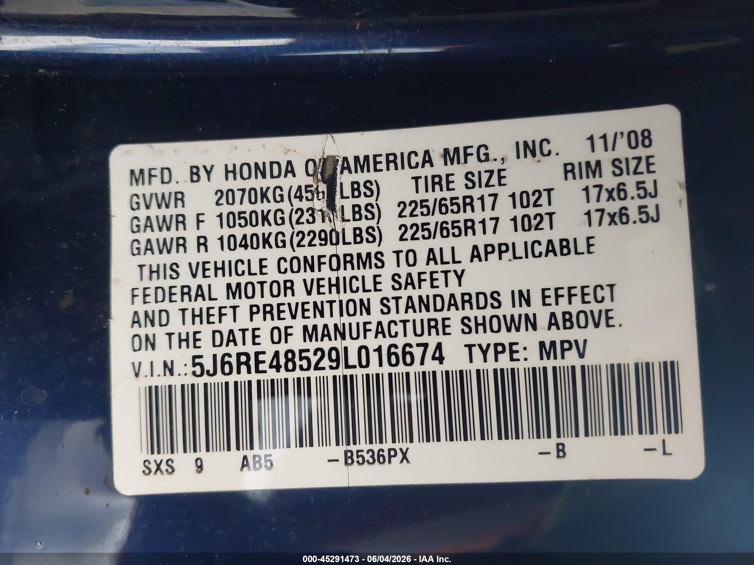 2009 Honda Cr-v Ex Blue vin: 5J6RE48529L016674