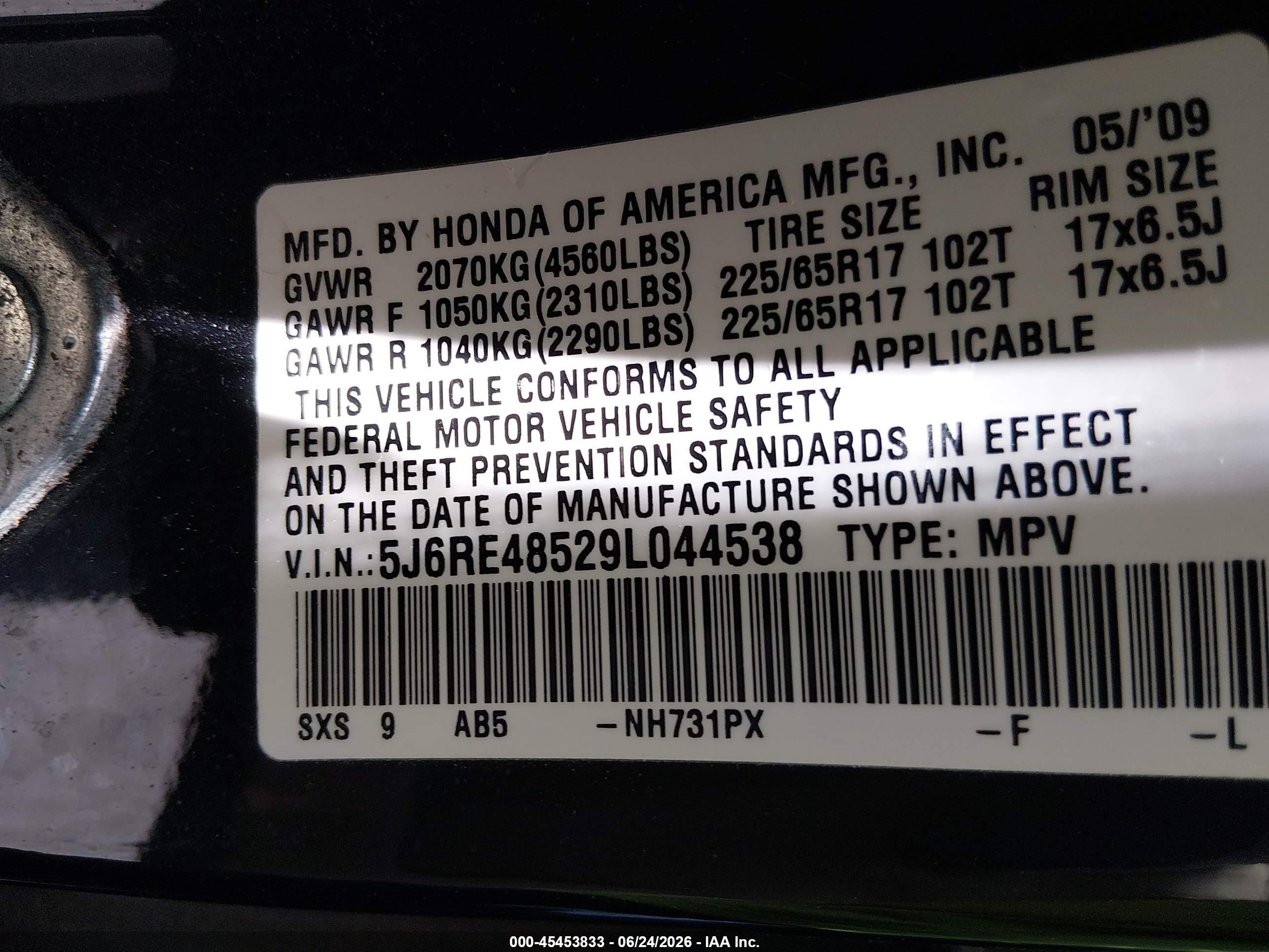 2009 Honda Cr-v Ex Black vin: 5J6RE48529L044538