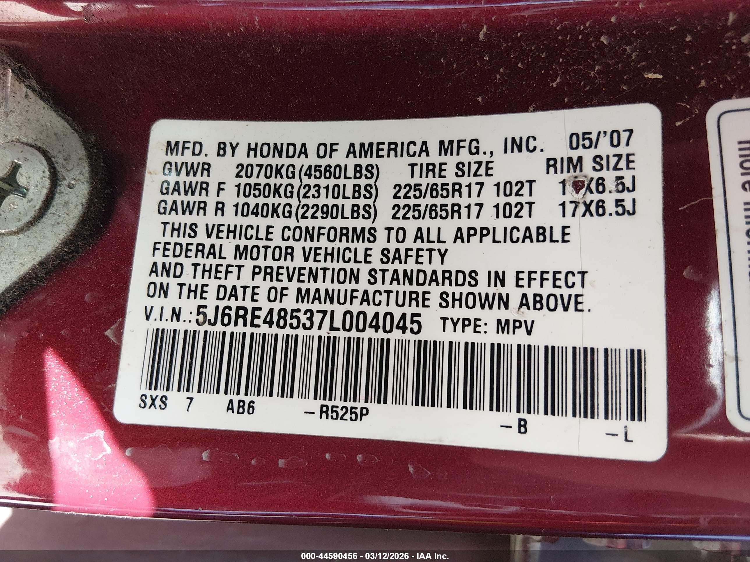 2007 Honda Cr-v Ex Burgundy vin: 5J6RE48537L004045