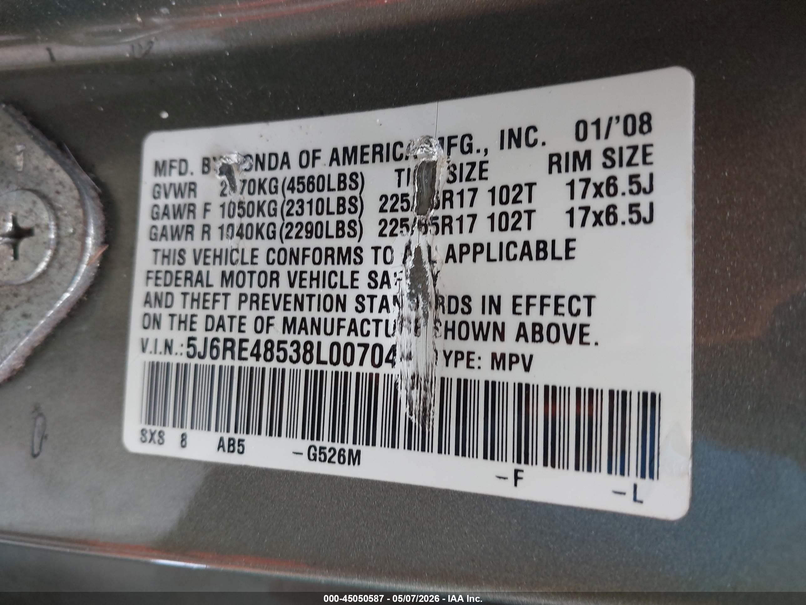 2008 Honda Cr-v Ex Green vin: 5J6RE48538L007044