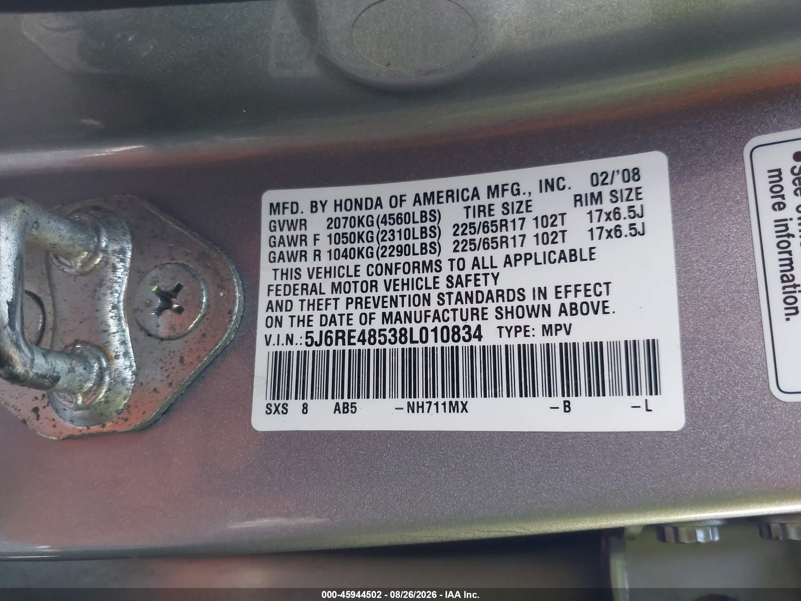 2008 Honda Cr-v Ex Silver vin: 5J6RE48538L010834