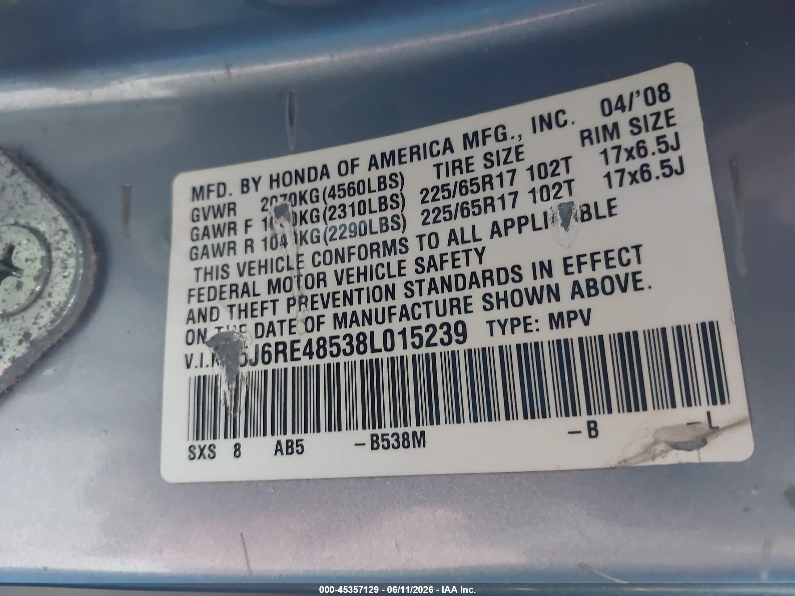 2008 Honda Cr-v Ex Blue vin: 5J6RE48538L015239