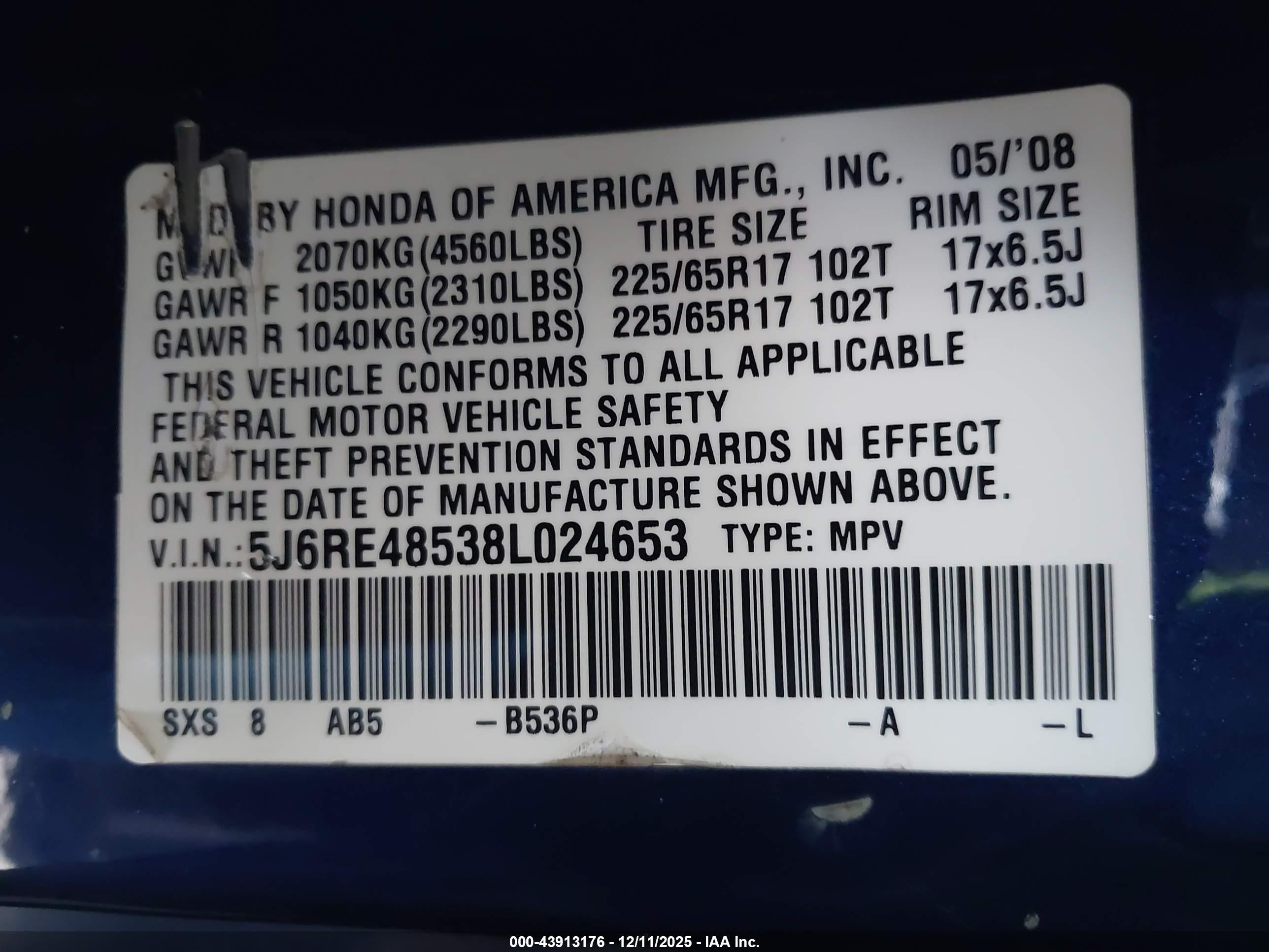 2008 Honda Cr-v Ex Blue vin: 5J6RE48538L024653