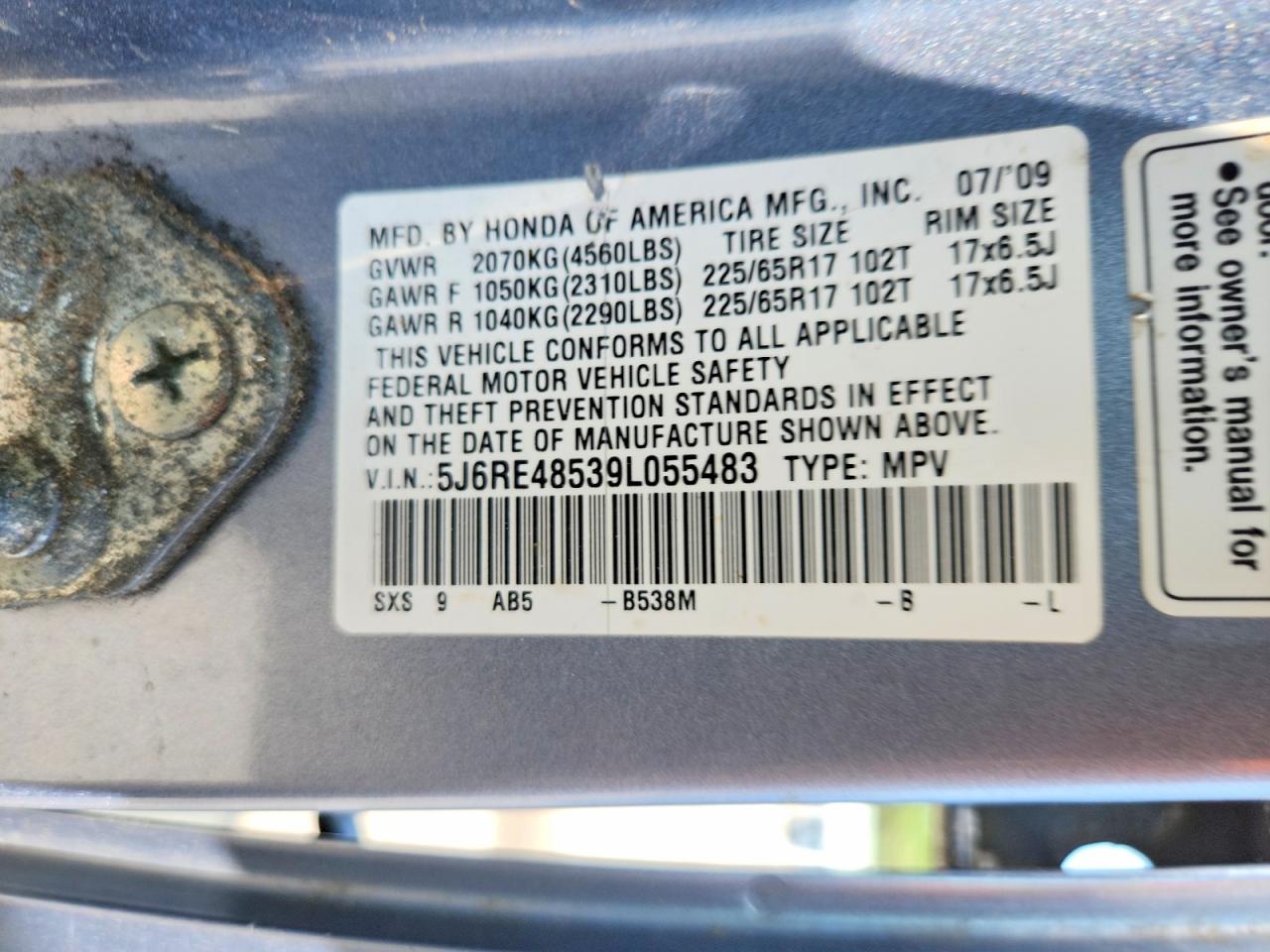 2009 Honda Cr-v Ex Silver vin: 5J6RE48539L055483