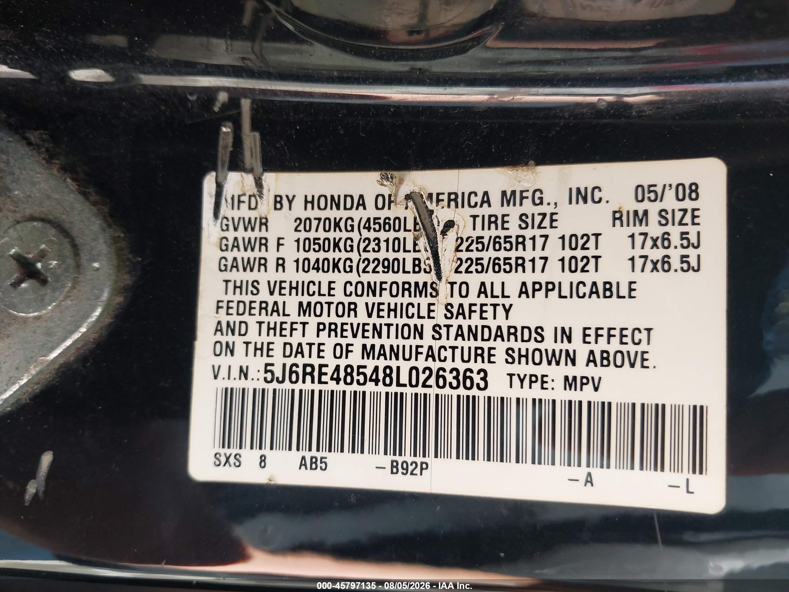 2008 Honda Cr-v Ex Black vin: 5J6RE48548L026363