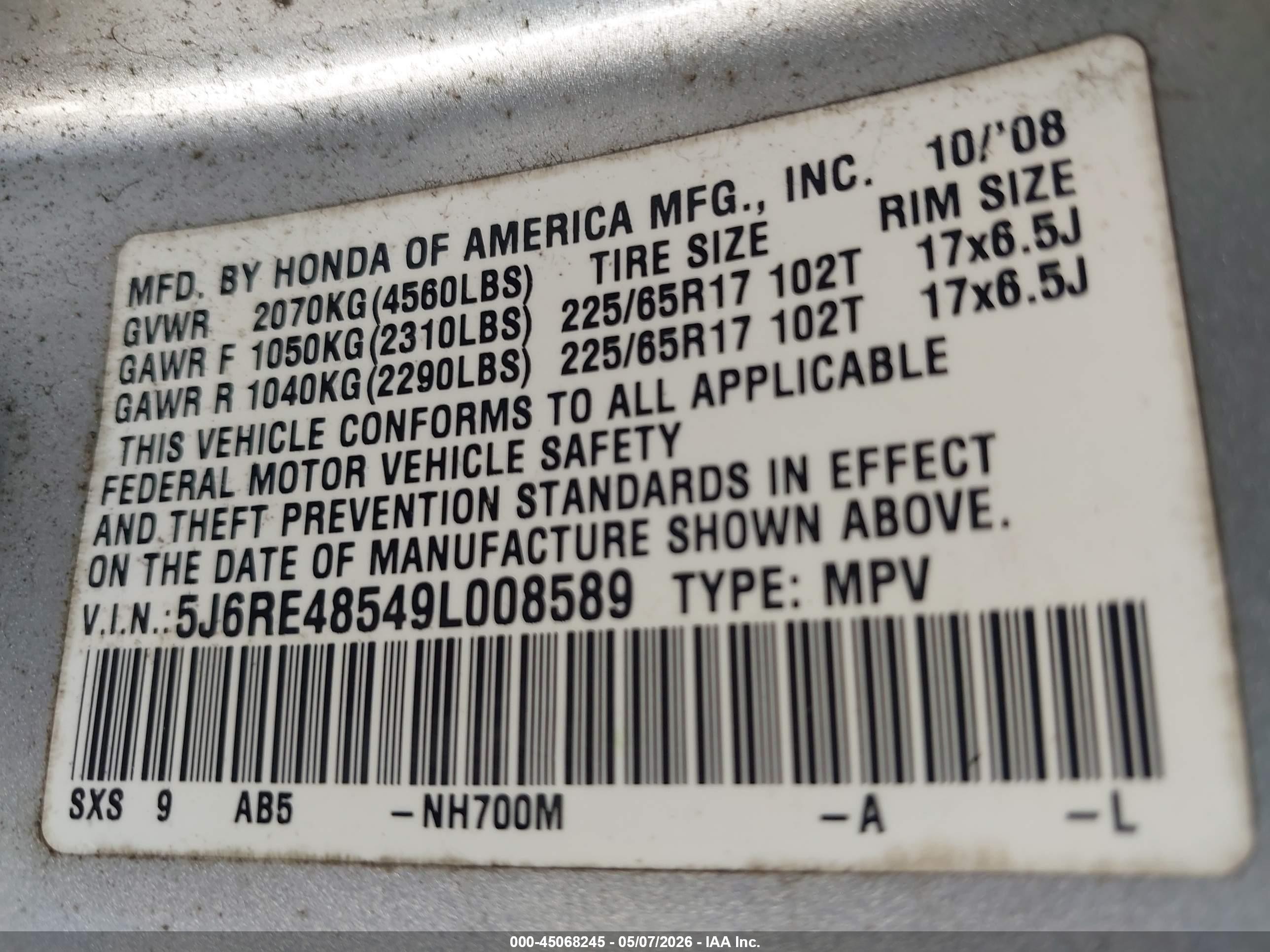 2009 Honda Cr-v Ex Silver vin: 5J6RE48549L008589