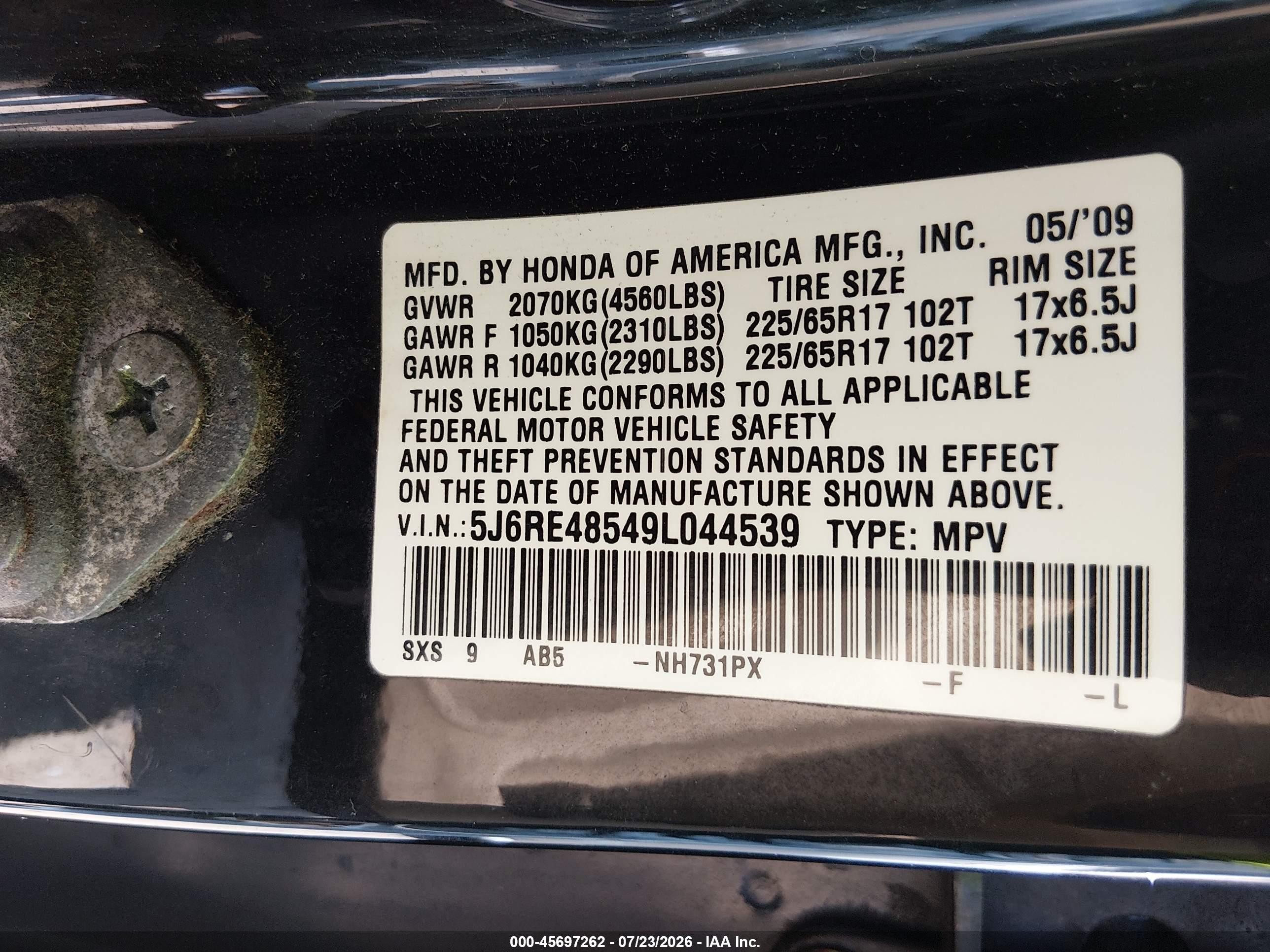 2009 Honda Cr-v Ex Black vin: 5J6RE48549L044539