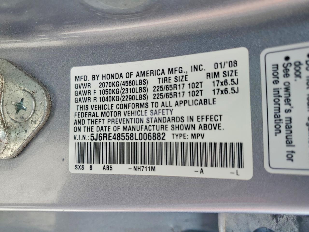 2008 Honda Cr-v Ex Silver vin: 5J6RE48558L006882