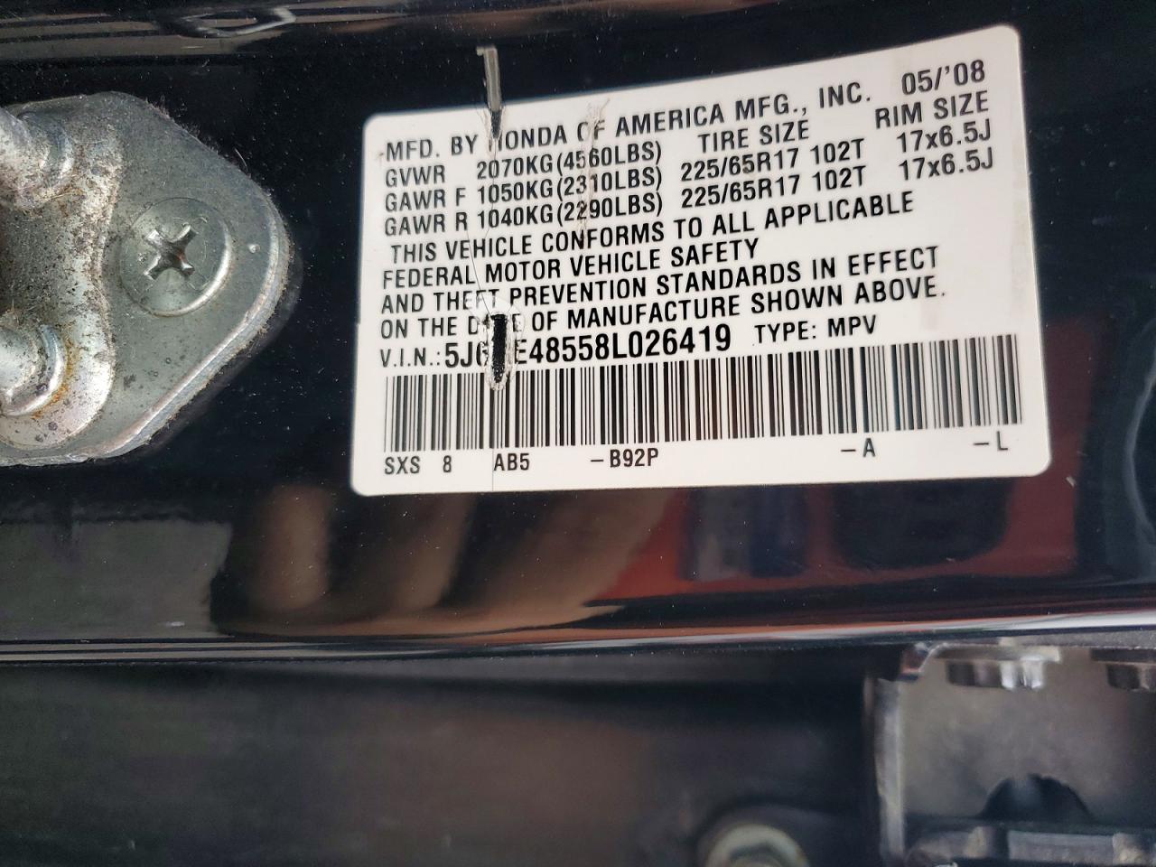 2008 Honda Cr-v Ex Black vin: 5J6RE48558L026419